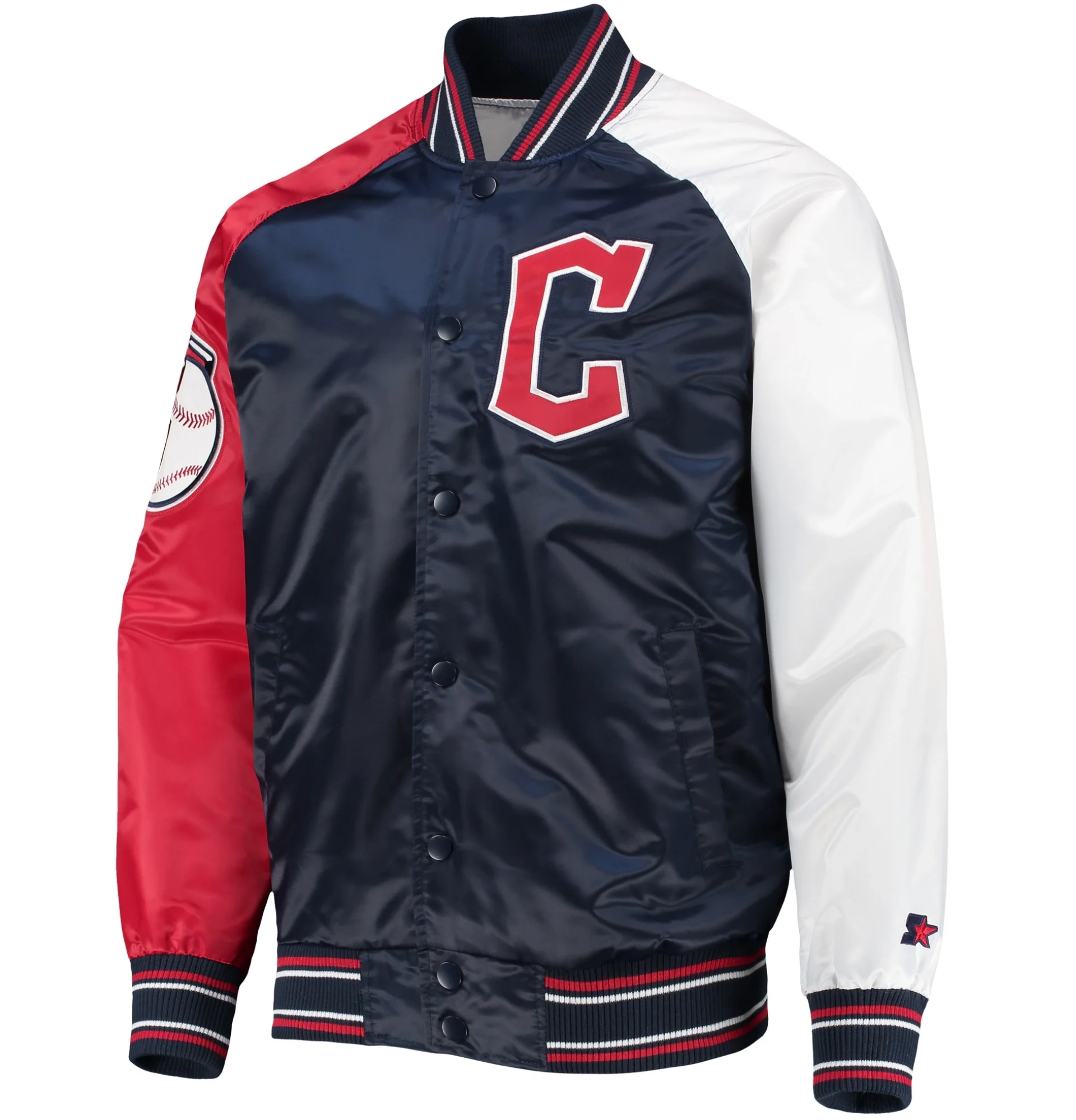 Cleveland-Guardians-Starter-Reliever-Full-Snap-Satin-Varsity-Jacket-leather moto 1