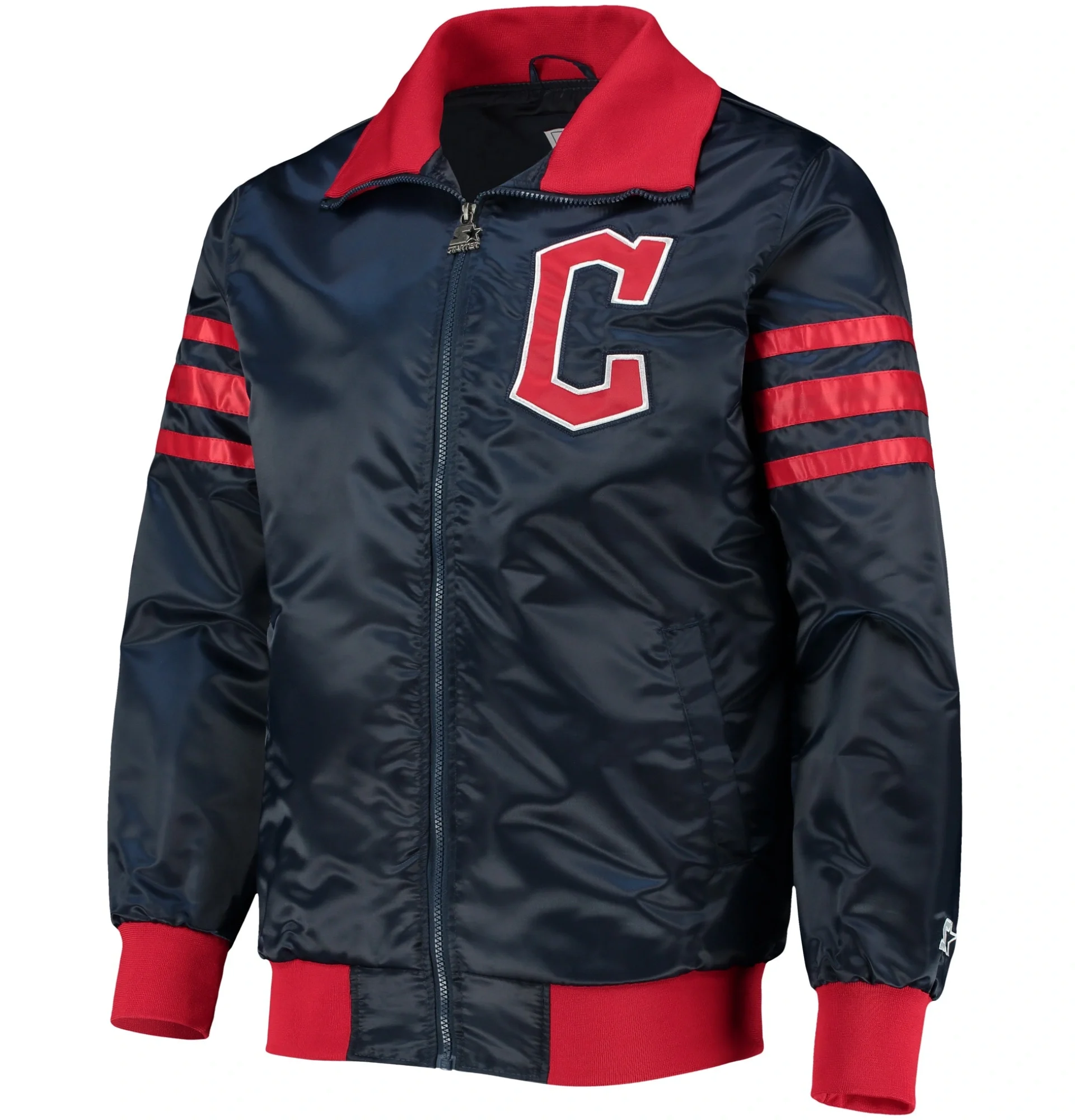 Cleveland-Guardians-Starter-The-Captain-II-Full-Zip-Satin-Varsity-Navy-Jacket-leather moto 1