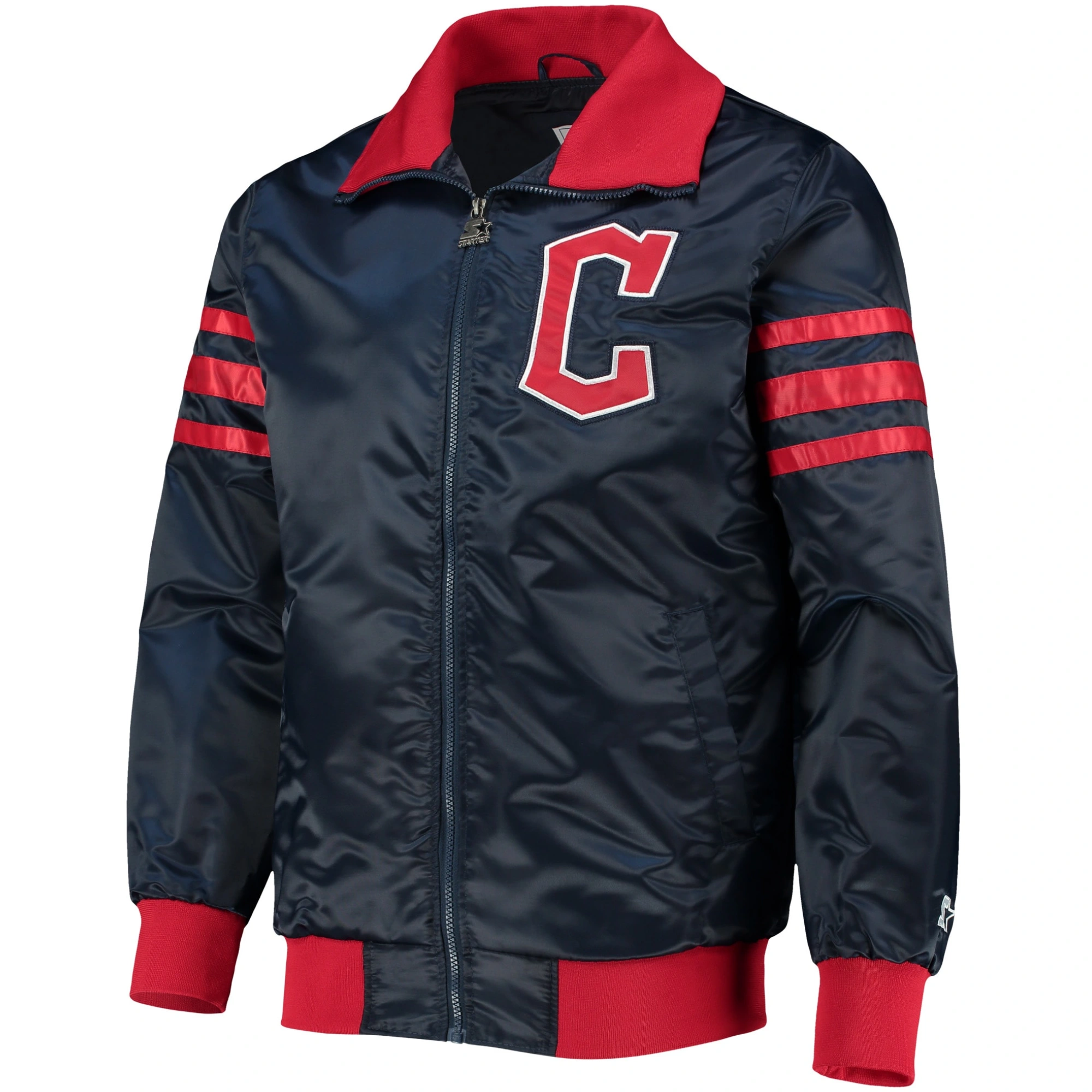 Cleveland-Guardians-Starter-The-Captain-II-Full-Zip-Satin-Varsity-Navy-Jacket-leather moto 1