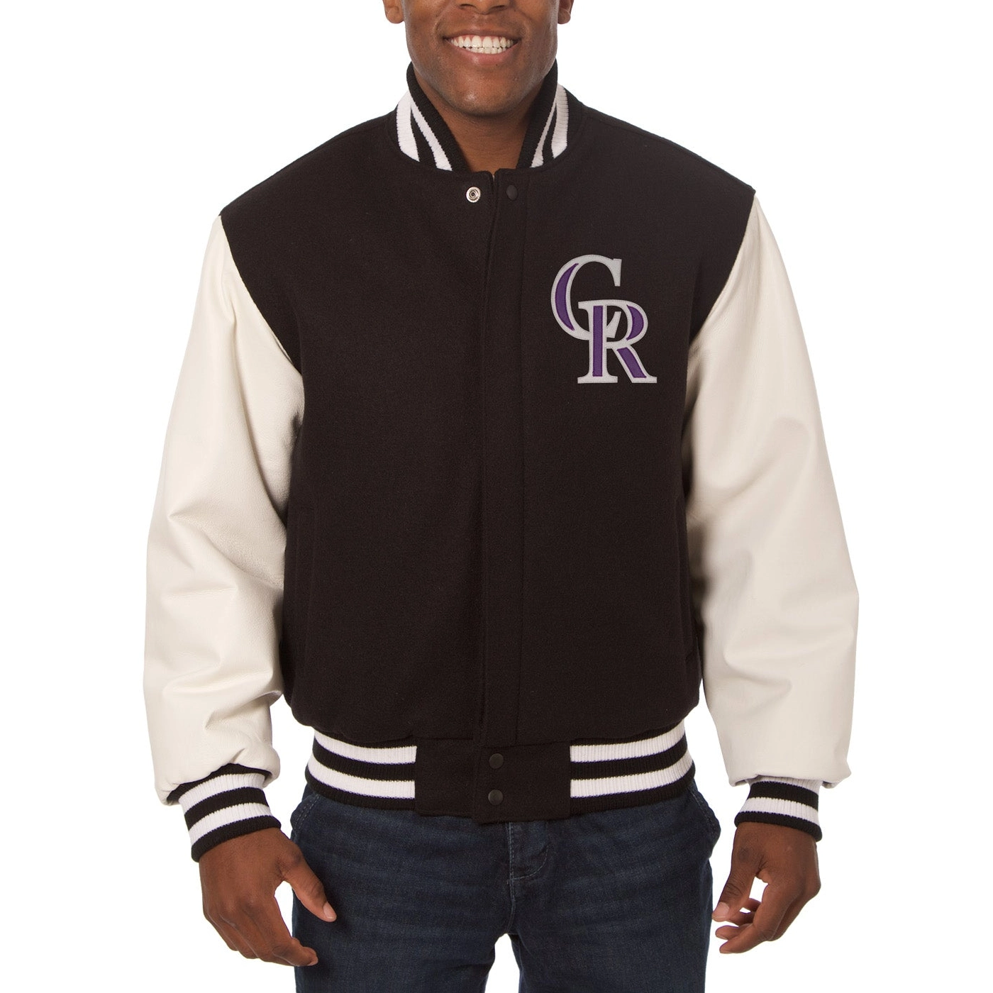 Colorado-Rockies-Domestic-Two-Tone-Wool-and-Leather-Varsity-Jacket-Black-White-leather moto 1
