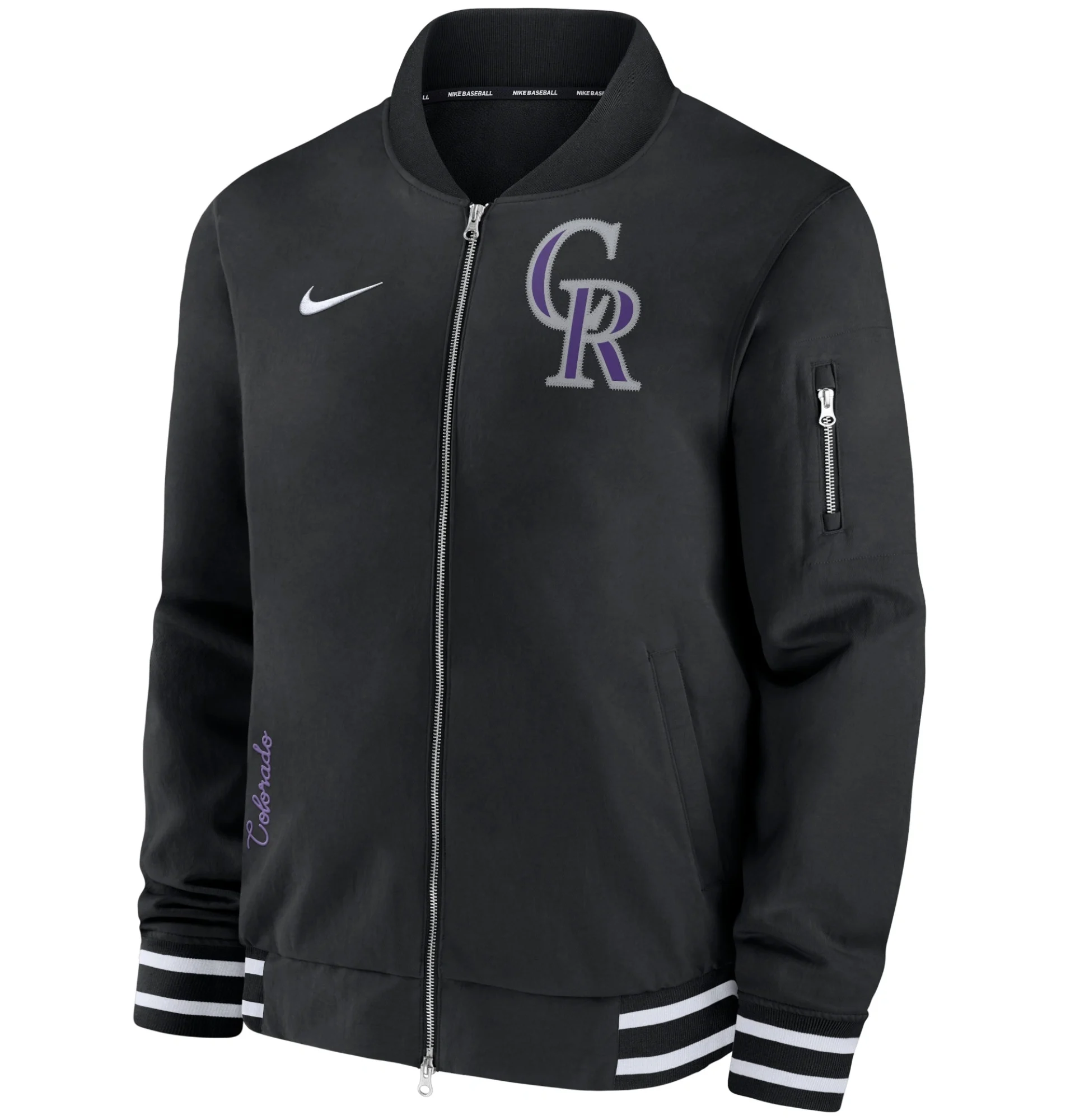 Colorado-Rockies-Nike-Authentic-Collection-Full-Zip-Bomber-Varsity-Black-Jacket-lather moto 1