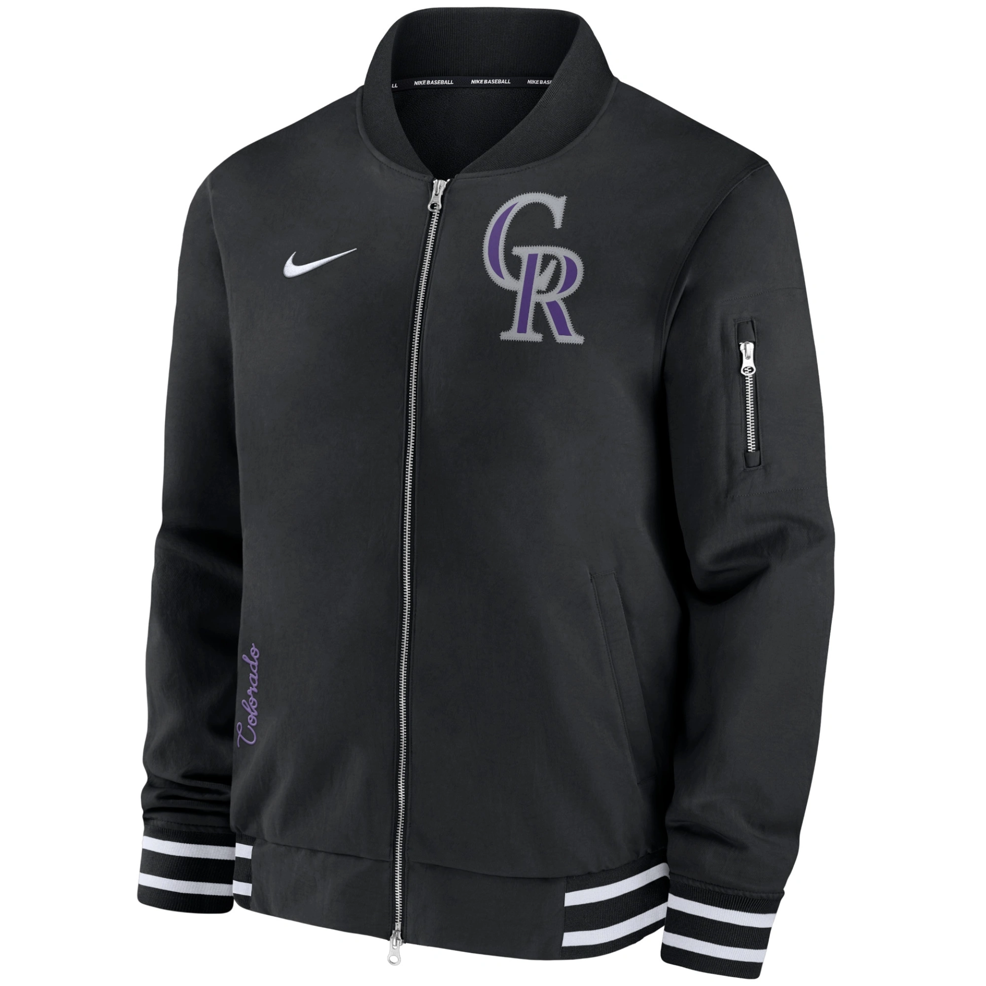 Colorado-Rockies-Nike-Authentic-Collection-Full-Zip-Bomber-Varsity-Black-Jacket-lather moto 1