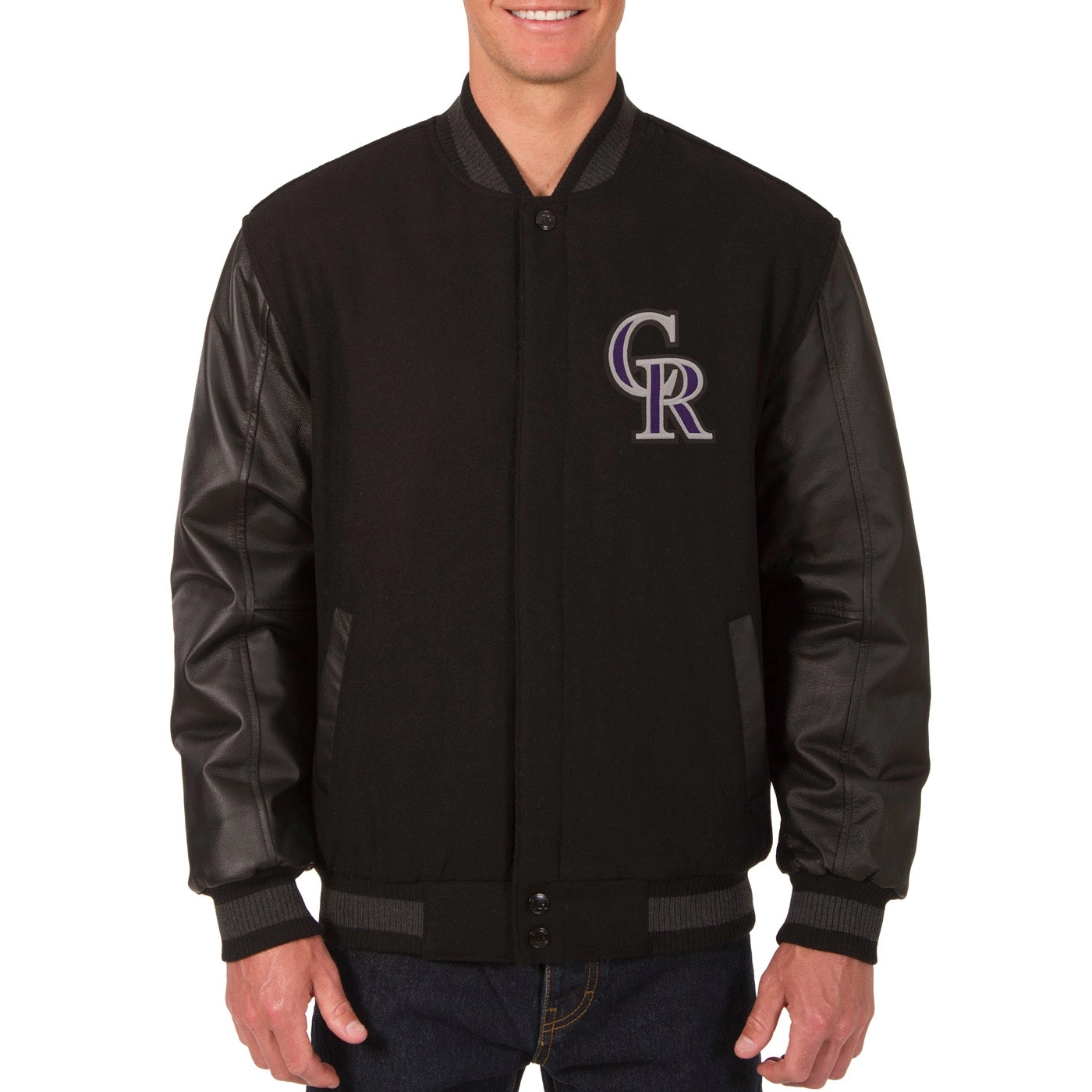 Colorado-Rockies-Reversible-Black-Wool-Leather-Varsity-Jacket-leather moto 1