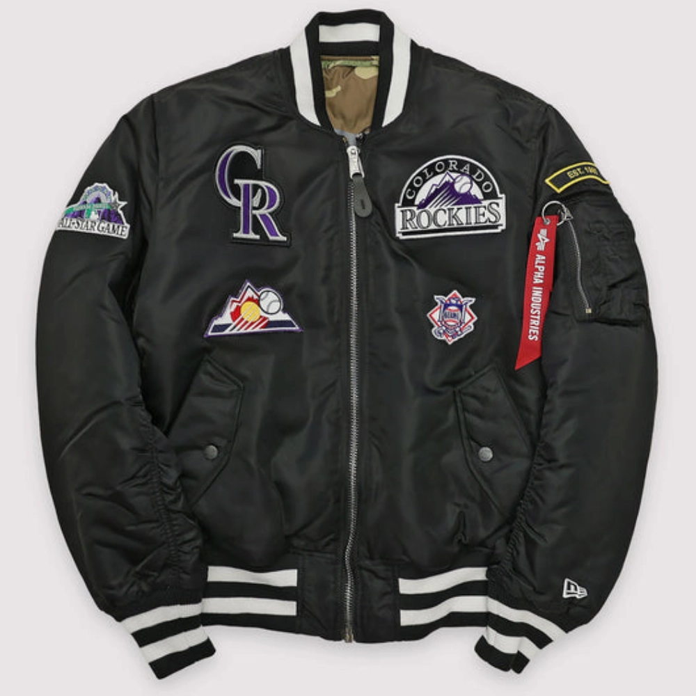 Colorado-Rockies-Rib-Knitted-Full-Zip-Bomber-Varsity-Black-Jacket-leather moto 1