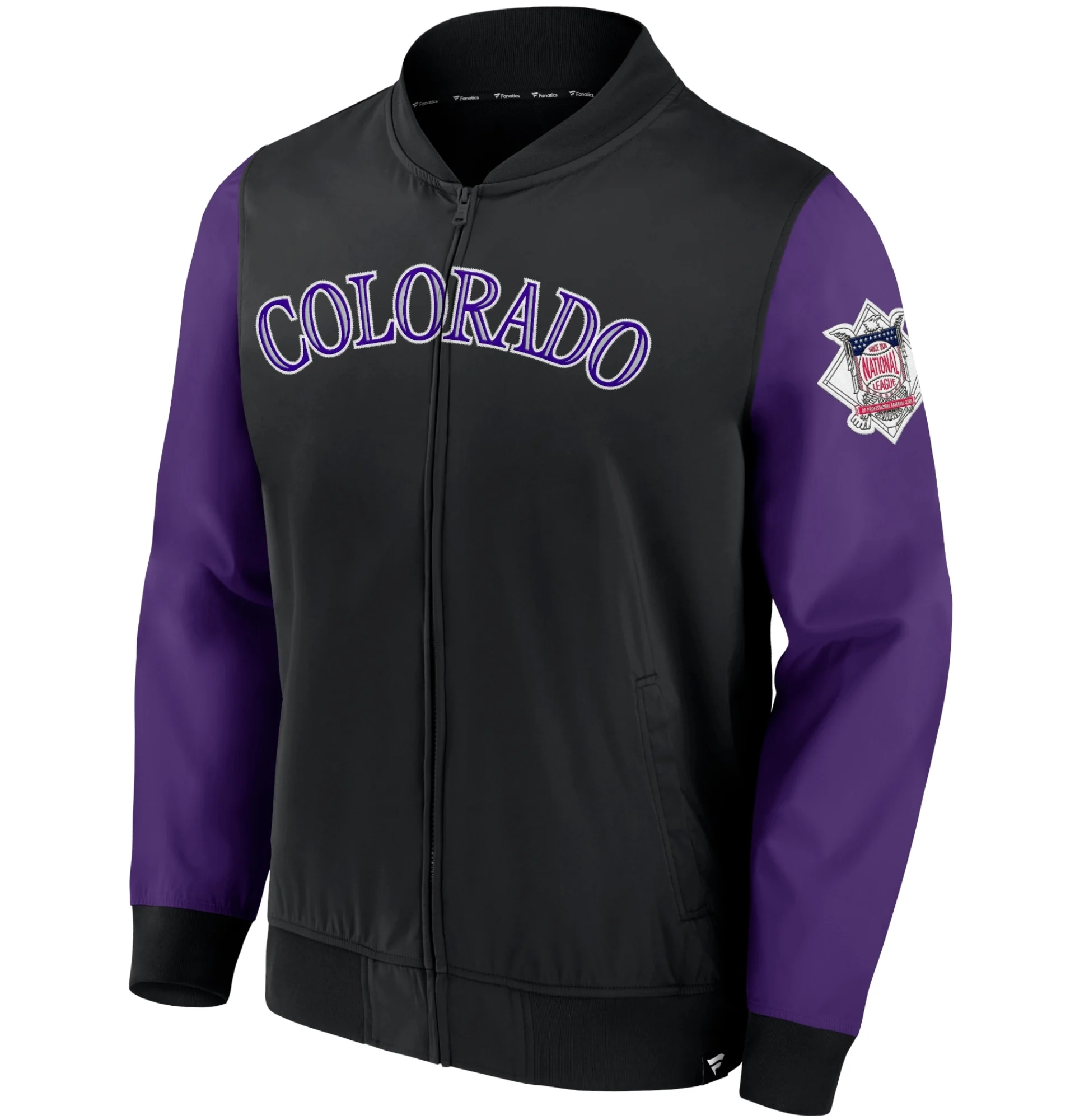 Colorado-Rockies-Rib-Knitted-Full-Zip-Lightweight-Bomber-Varsity-Jacket-Black-Purple-leather moto 1