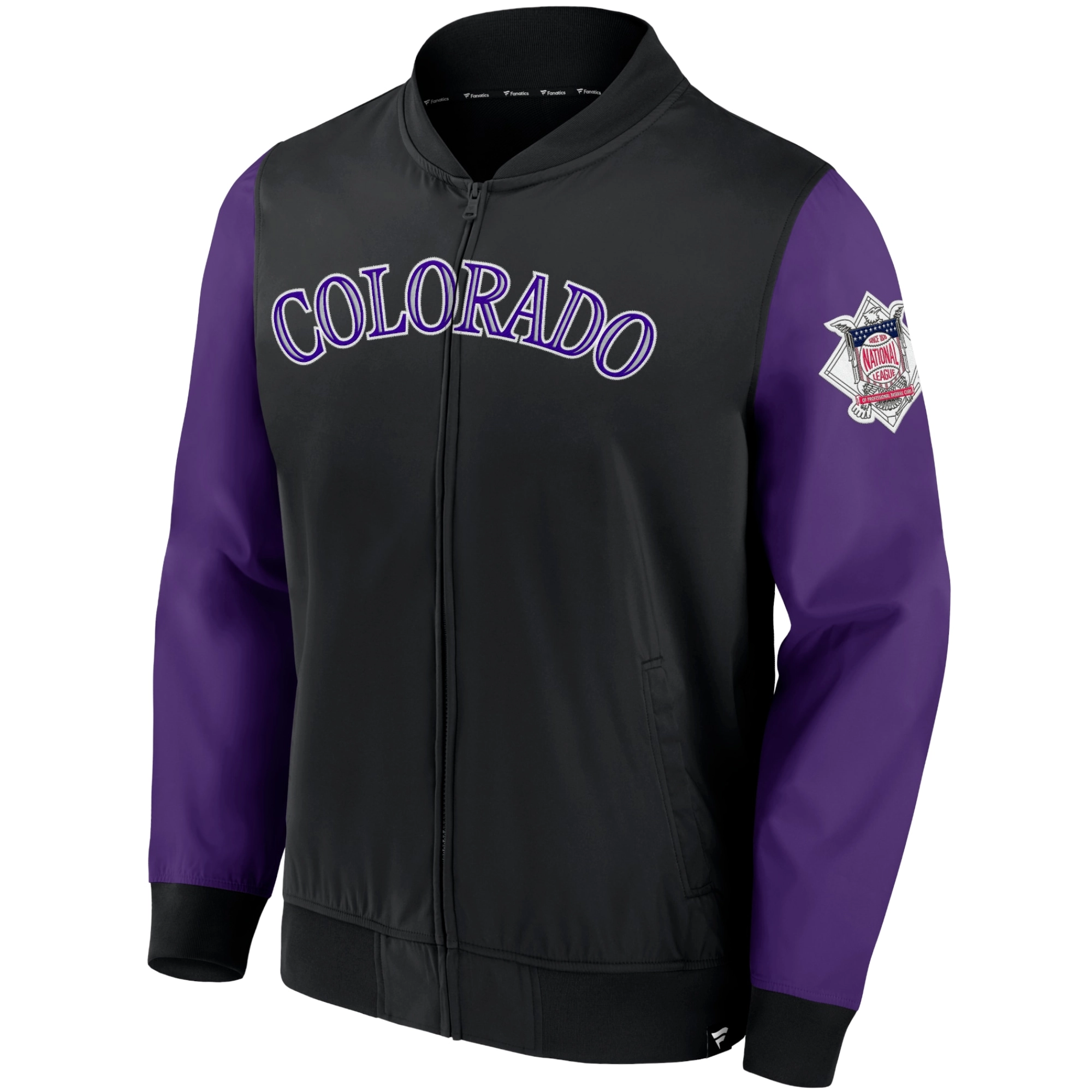 Colorado-Rockies-Rib-Knitted-Full-Zip-Lightweight-Bomber-Varsity-Jacket-Black-Purple-leather moto 1