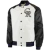 Colorado-Rockies-Starter-Hitter-Full-Snap-Satin-Varsity-Jacket-White-Black-leather moto 1