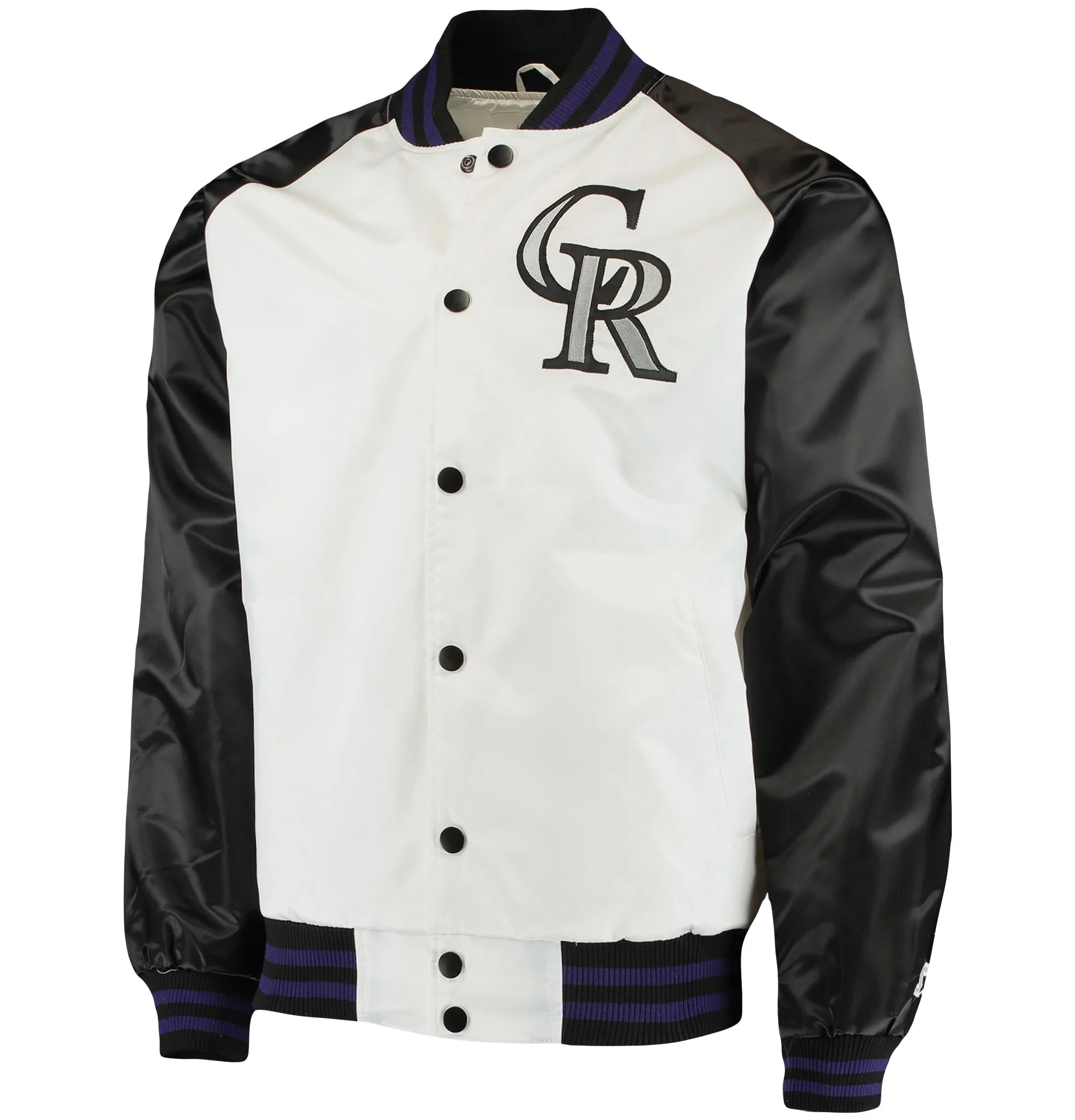 Colorado-Rockies-Starter-Hitter-Full-Snap-Satin-Varsity-Jacket-White-Black-leather moto 1
