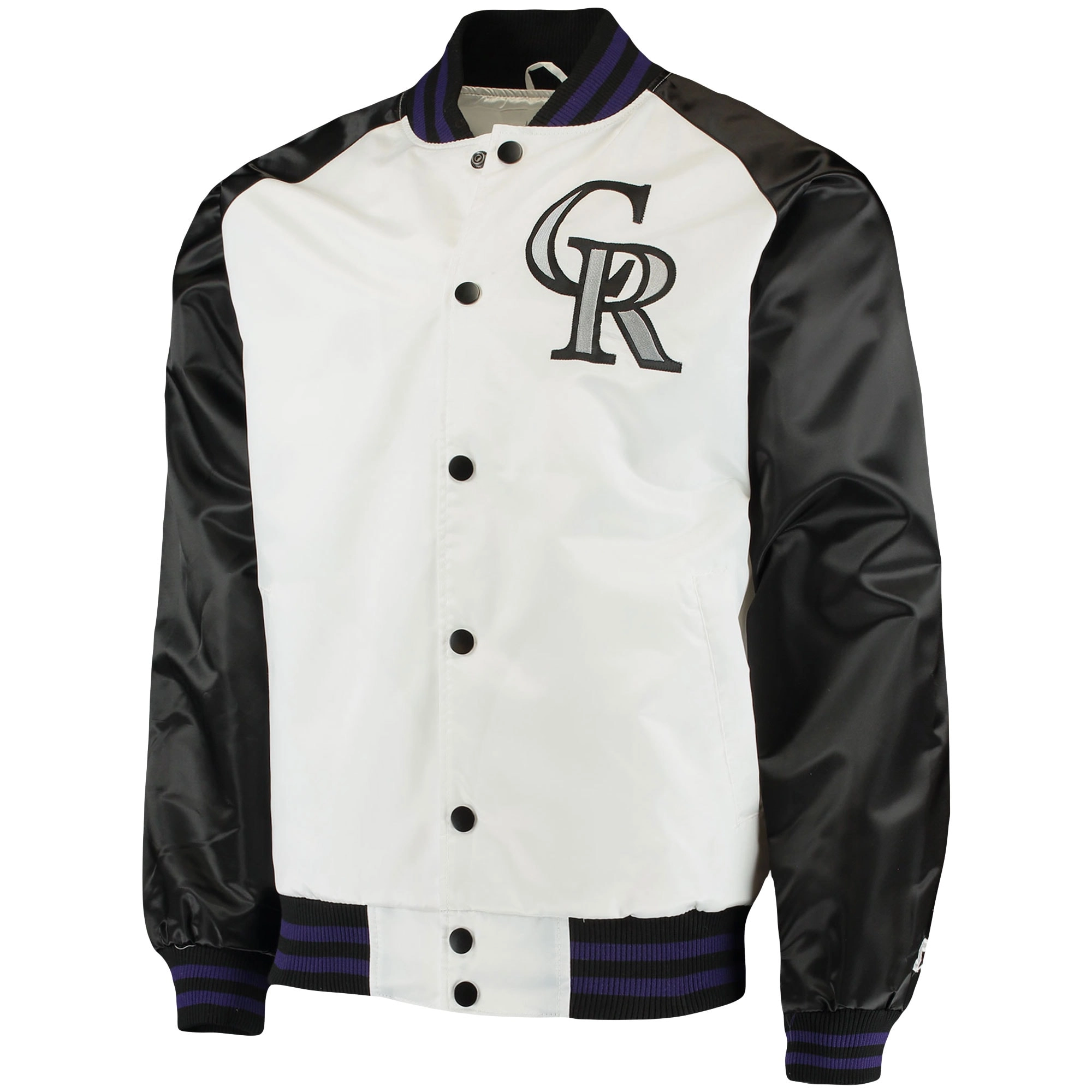 Colorado-Rockies-Starter-Hitter-Full-Snap-Satin-Varsity-Jacket-White-Black-leather moto 1