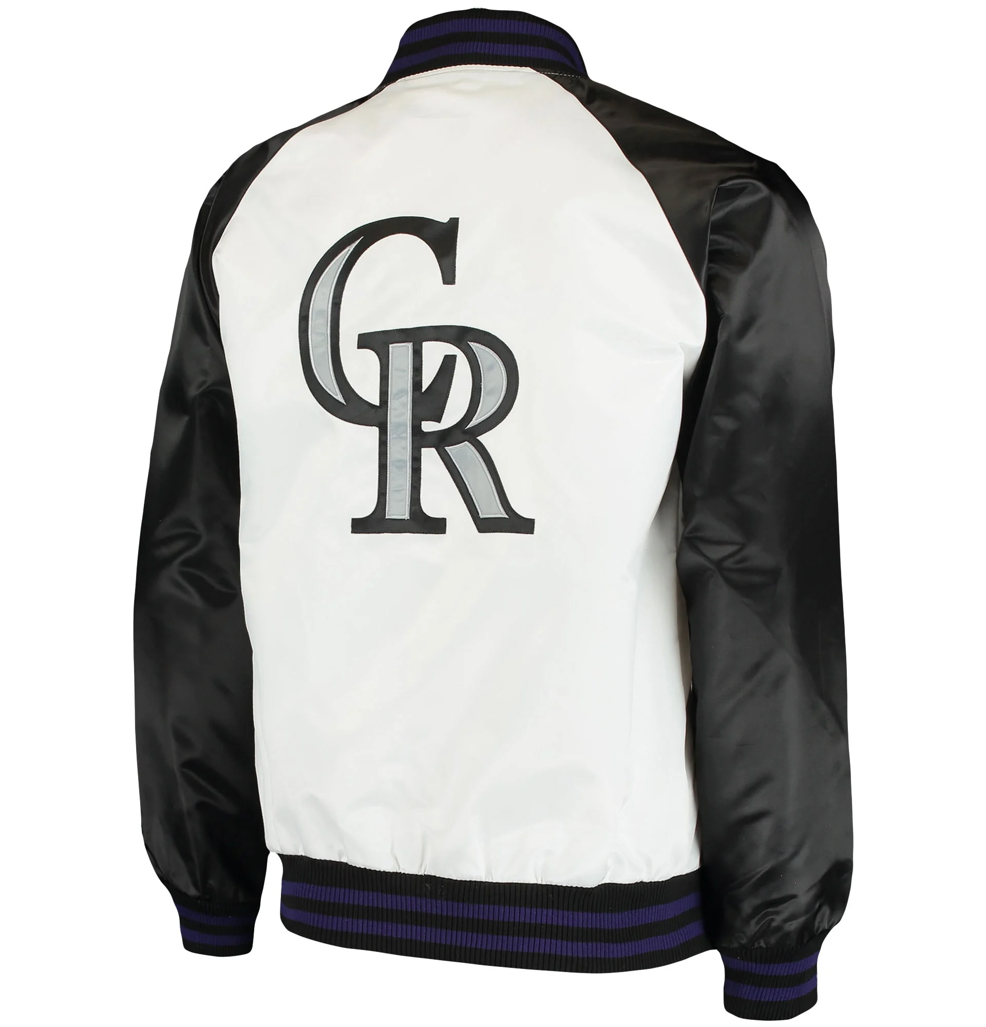 Colorado-Rockies-Starter-Hitter-Full-Snap-Satin-Varsity-Jacket-White-Black-leather moto 2