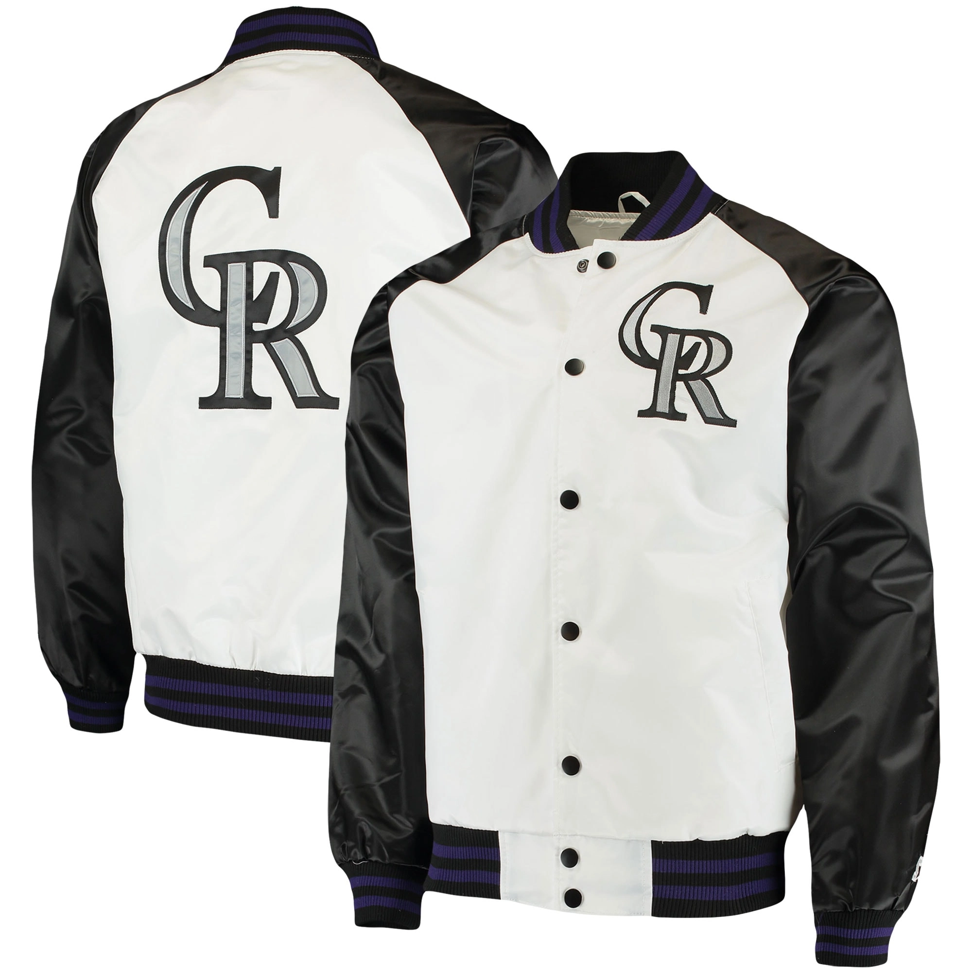 Colorado-Rockies-Starter-Hitter-Full-Snap-Satin-Varsity-Jacket-White-Black-leatherm too 3