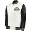 Colorado-Rockies-Starter-The-Legend-Full-Snap-Satin-Varsity-Jacket-White-Black-leather moto 1