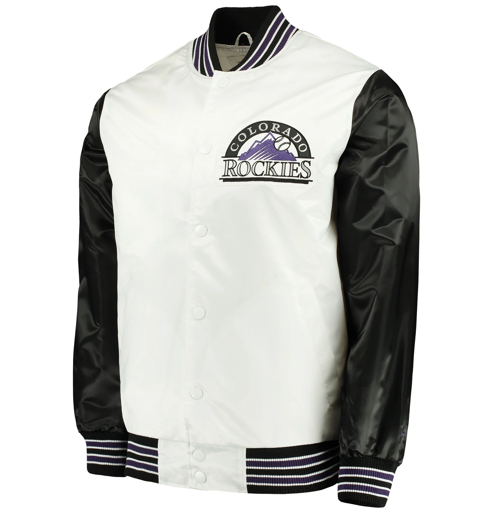 Colorado-Rockies-Starter-The-Legend-Full-Snap-Satin-Varsity-Jacket-White-Black-leather moto 1