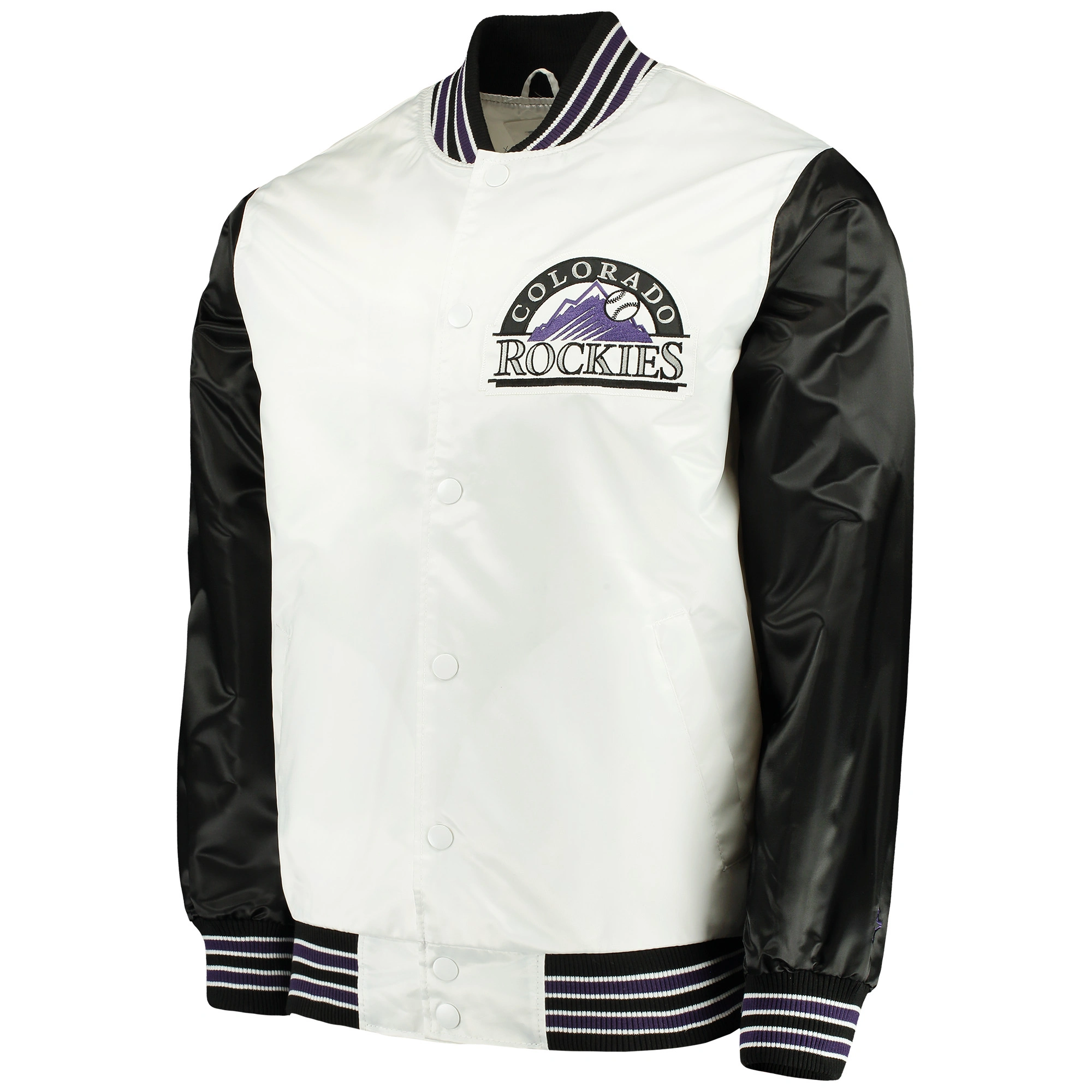Colorado-Rockies-Starter-The-Legend-Full-Snap-Satin-Varsity-Jacket-White-Black-leather moto 1