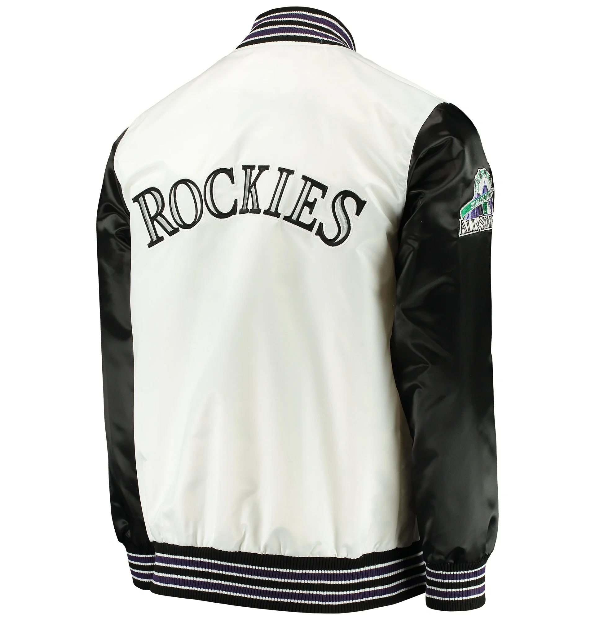 Colorado-Rockies-Starter-The-Legend-Full-Snap-Satin-Varsity-Jacket-White-Black-leather moto 2