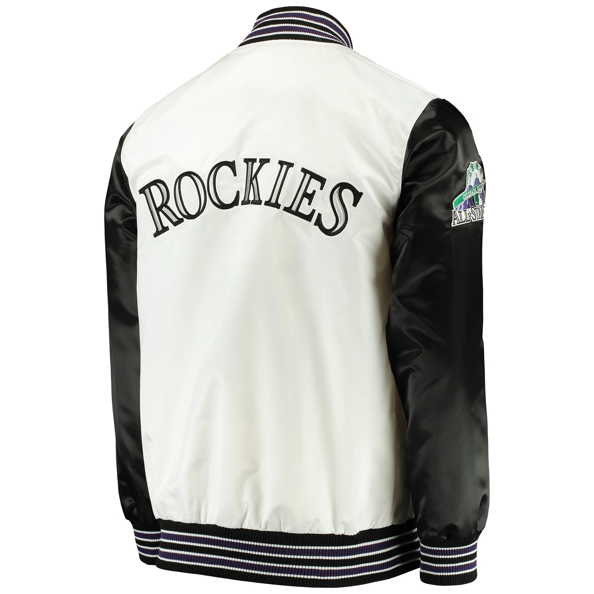 Colorado-Rockies-Starter-The-Legend-Full-Snap-Satin-Varsity-Jacket-White-Black-leather moto 2