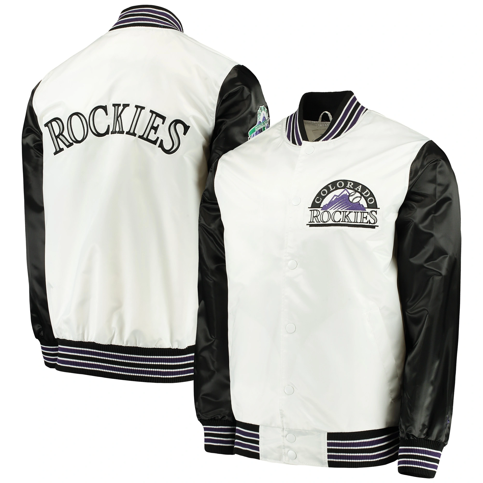 Colorado-Rockies-Starter-The-Legend-Full-Snap-Satin-Varsity-Jacket-White-Black-leather moto 4