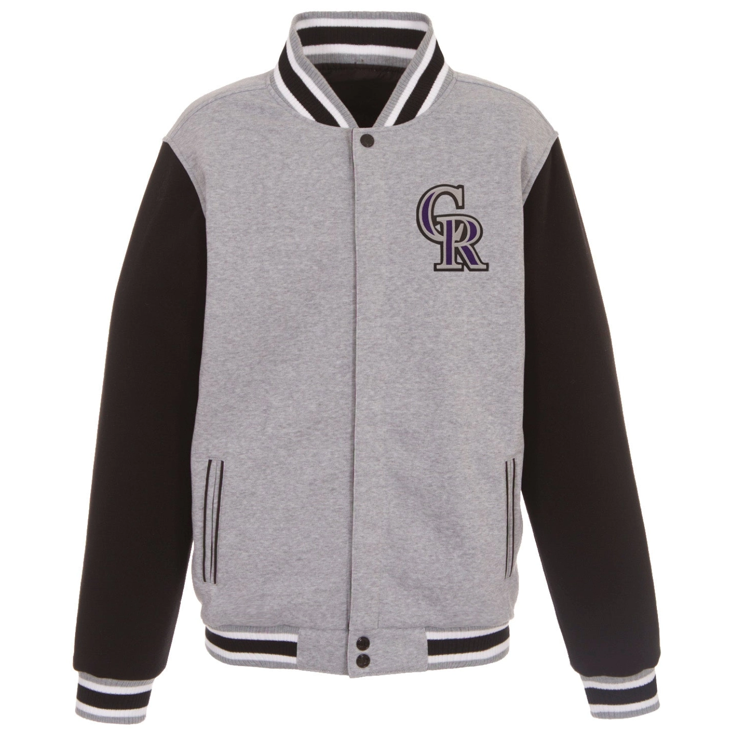 Colorado-Rockies-Two-Tone-Reversible-Fleece-Varsity-Jacket-Gray-Black-leather moto 1