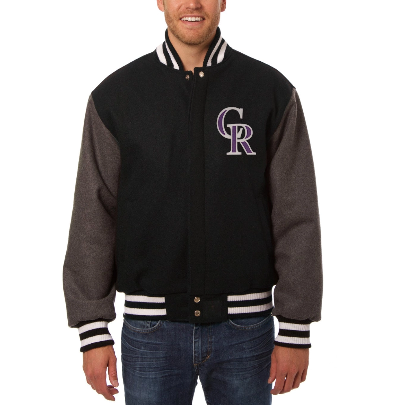 Colorado-Rockies-Two-Tone-Wool-Varsity-Jacket-Black-Gray-leather moto 1