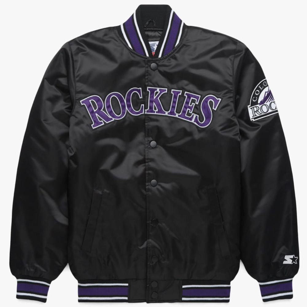 Colorado-Rockies-X-Starter-Full-Snap-Black-Satin-Varsity-Jacket-leather moto 1