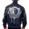 Team Dallas Mavericks Knit Collar Genuine Leather Varsity Jacket - Image 2