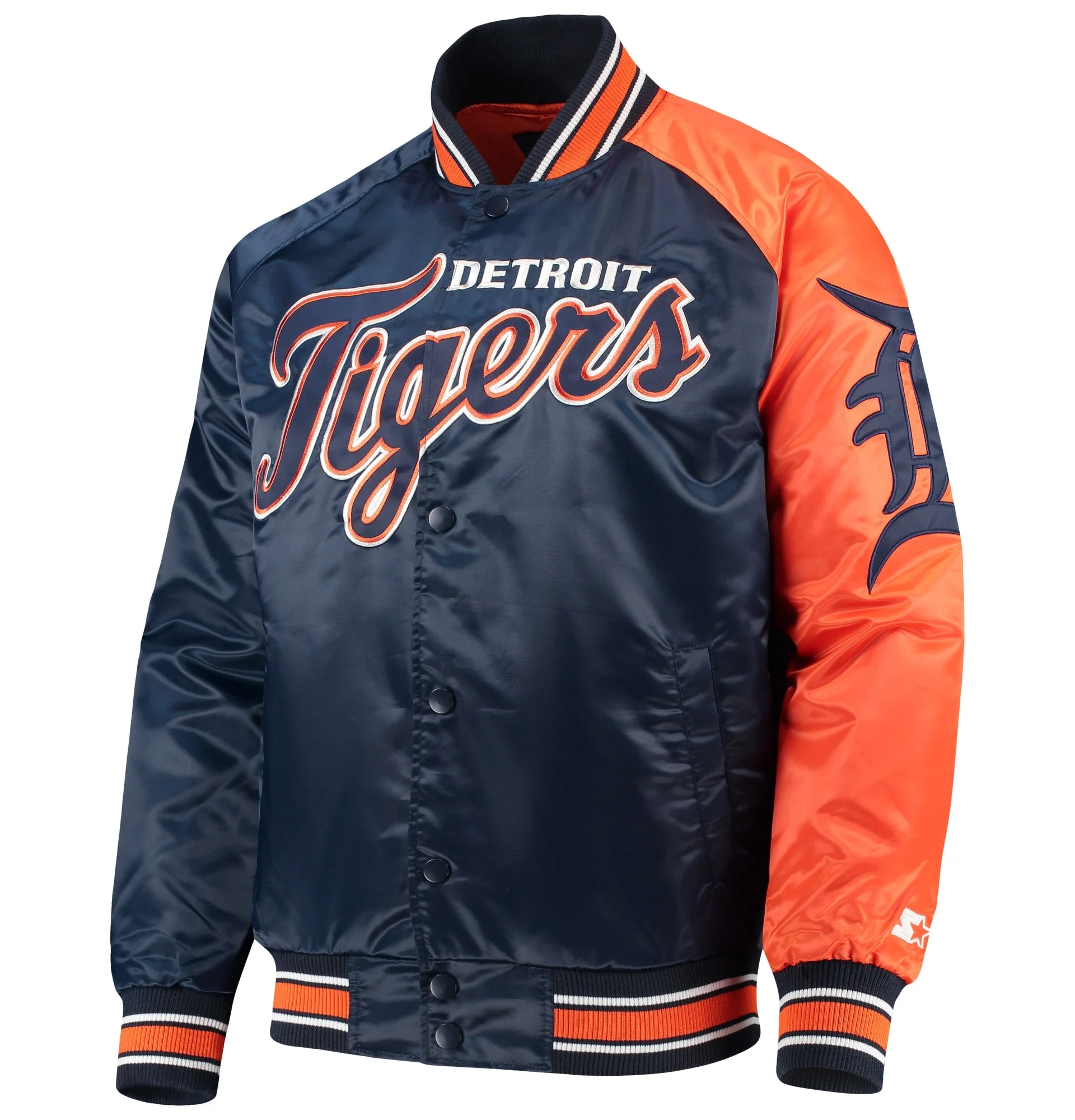 Detroit-Tigers-G-III-Sports-by-Carl-Banks-Navy-Orange-Starter-Dugout-Spring-Full-Snap-Satin-Varsity-Jacket-leather moto 1