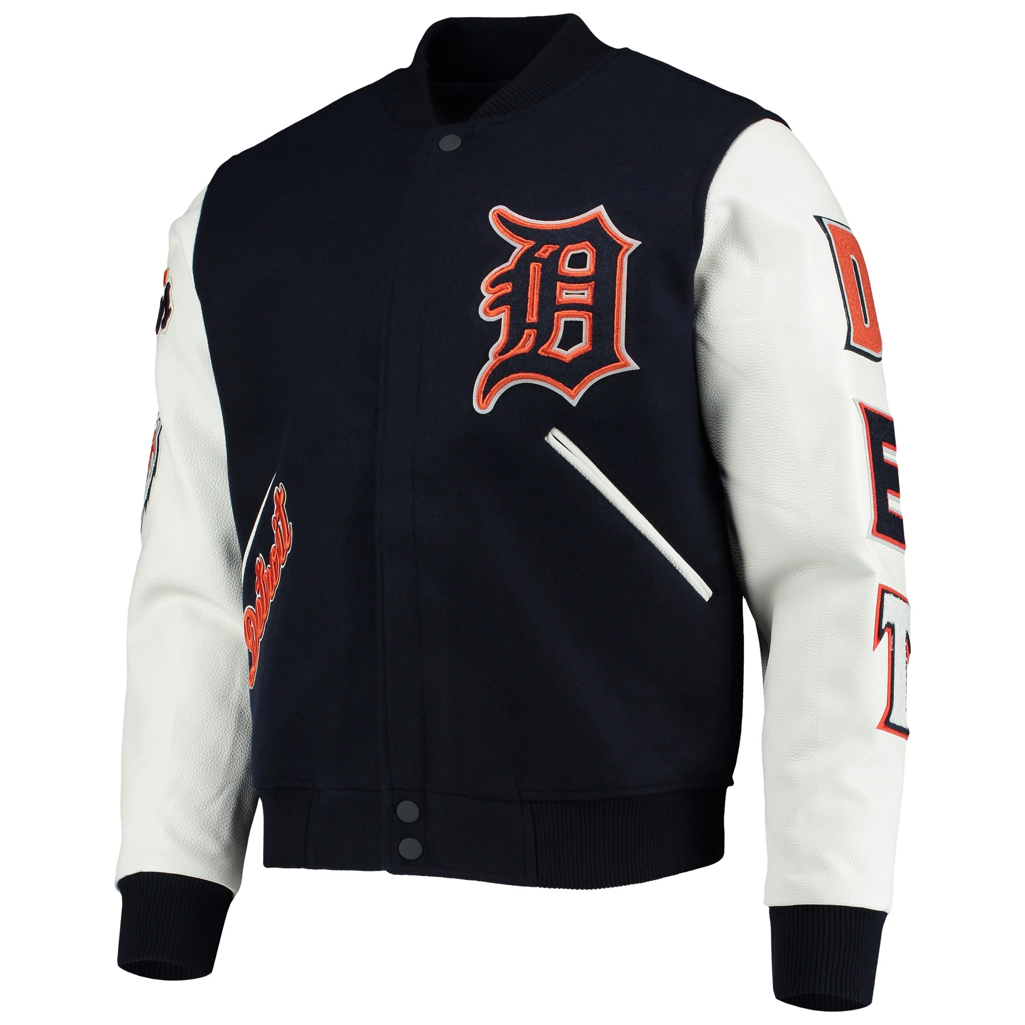 Detroit-Tigers-Pro-Standard-Ribbed-Knitted-Wool-Leather-Varsity-Jacket-Navy-White-leather moto 1