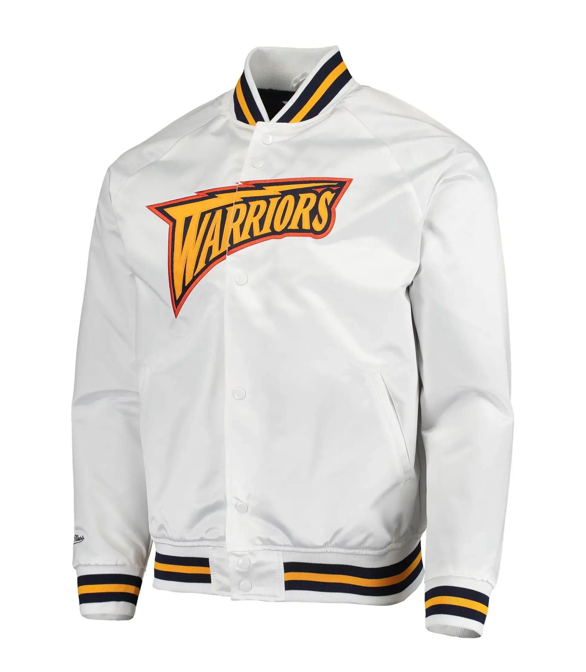 Golden State Warriors Hardwood Classics Raglan Full-Snap Satin White Varsity Jacket LeatherMoto (2)