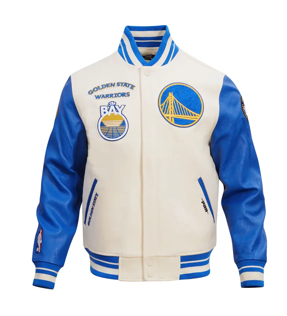 Golden State Warriors Pro Standard Retro Classic Full-Zip Cream & Blue Varsity Jacket LeatherMoto (2)
