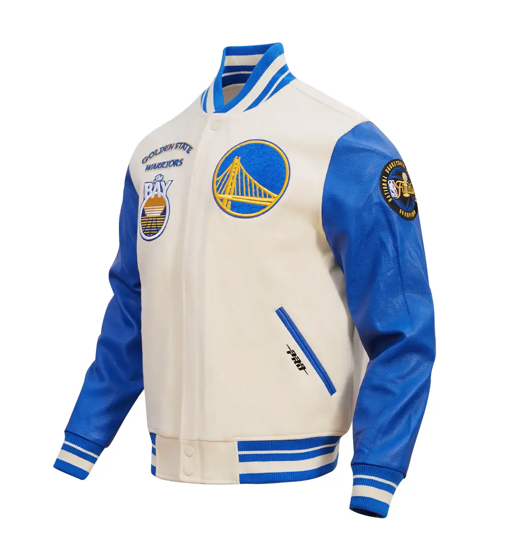 Golden State Warriors Pro Standard Retro Classic Full-Zip Cream & Blue Varsity Jacket LeatherMoto (3)