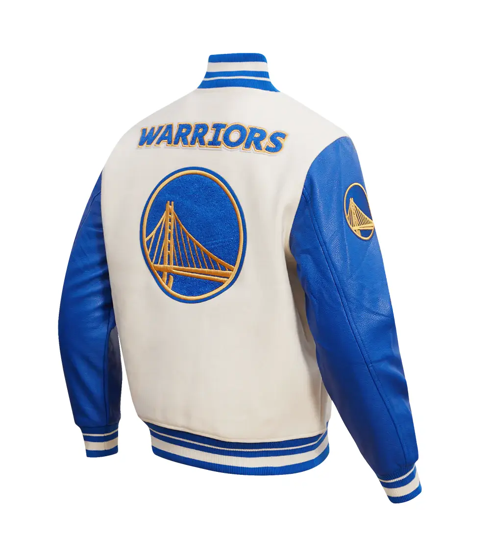 Golden State Warriors Pro Standard Retro Classic Full-Zip Cream & Blue Varsity Jacket LeatherMoto (4)