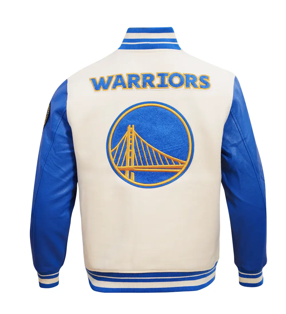 Golden State Warriors Pro Standard Retro Classic Full-Zip Cream & Blue Varsity Jacket LeatherMoto (5)