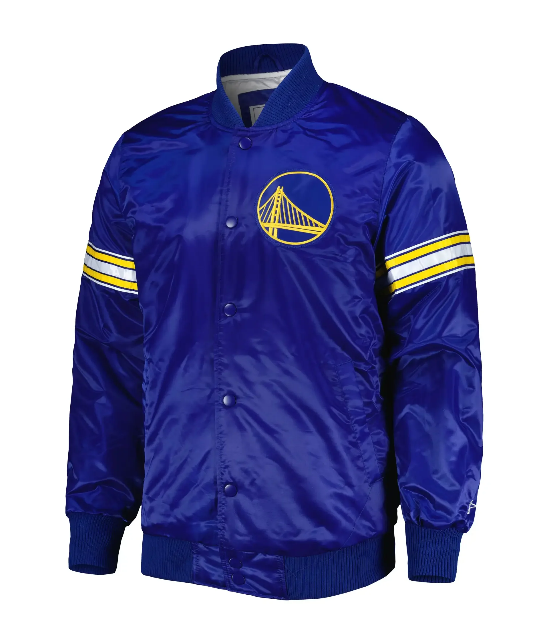 Golden State Warriors Starter Pick & Roll Full-Snap Satin Royal Blue Varsity Jacket LeatherMoto (1)