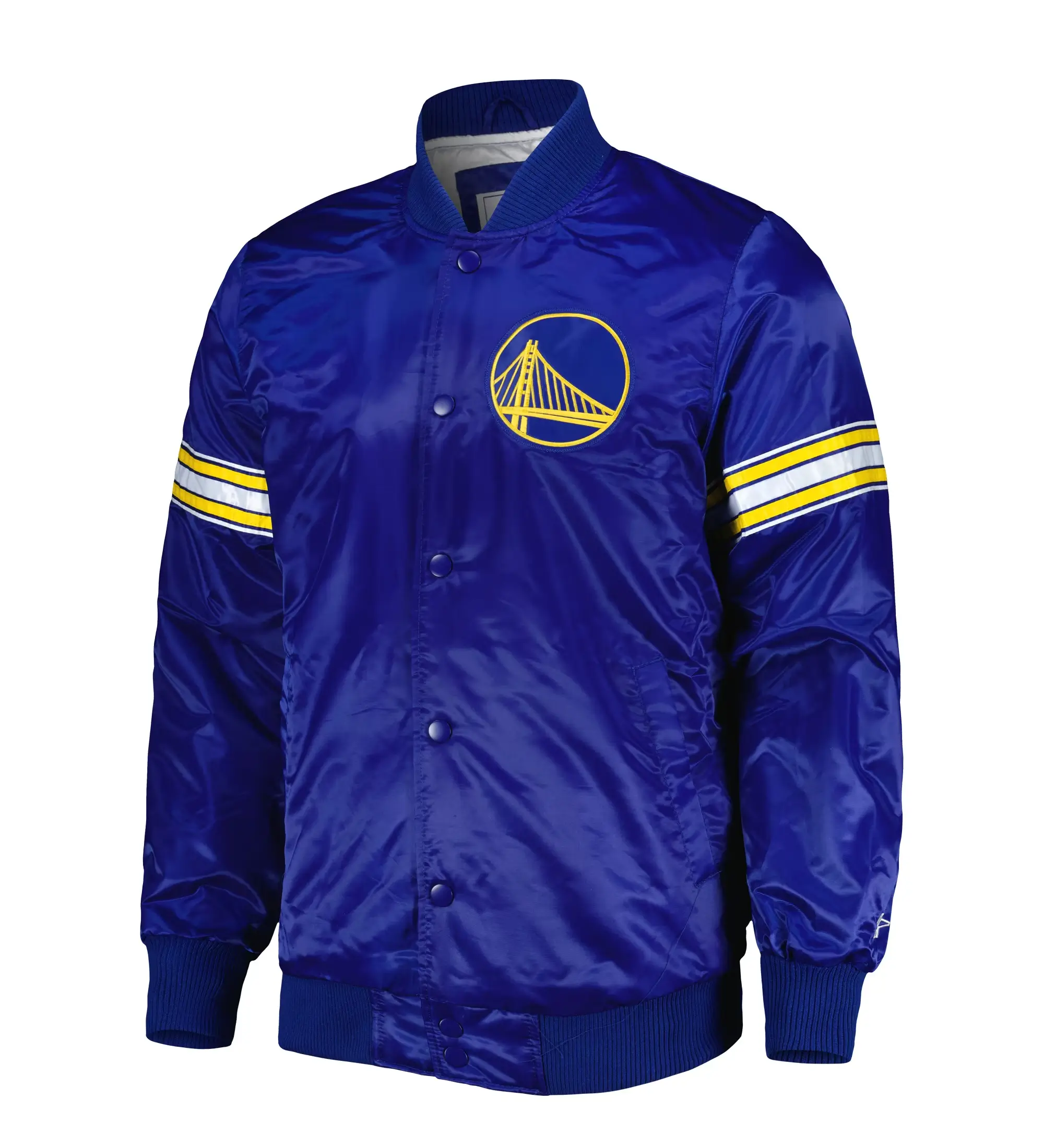 Golden State Warriors Starter Pick & Roll Full-Snap Satin Royal Blue Varsity Jacket LeatherMoto (1)