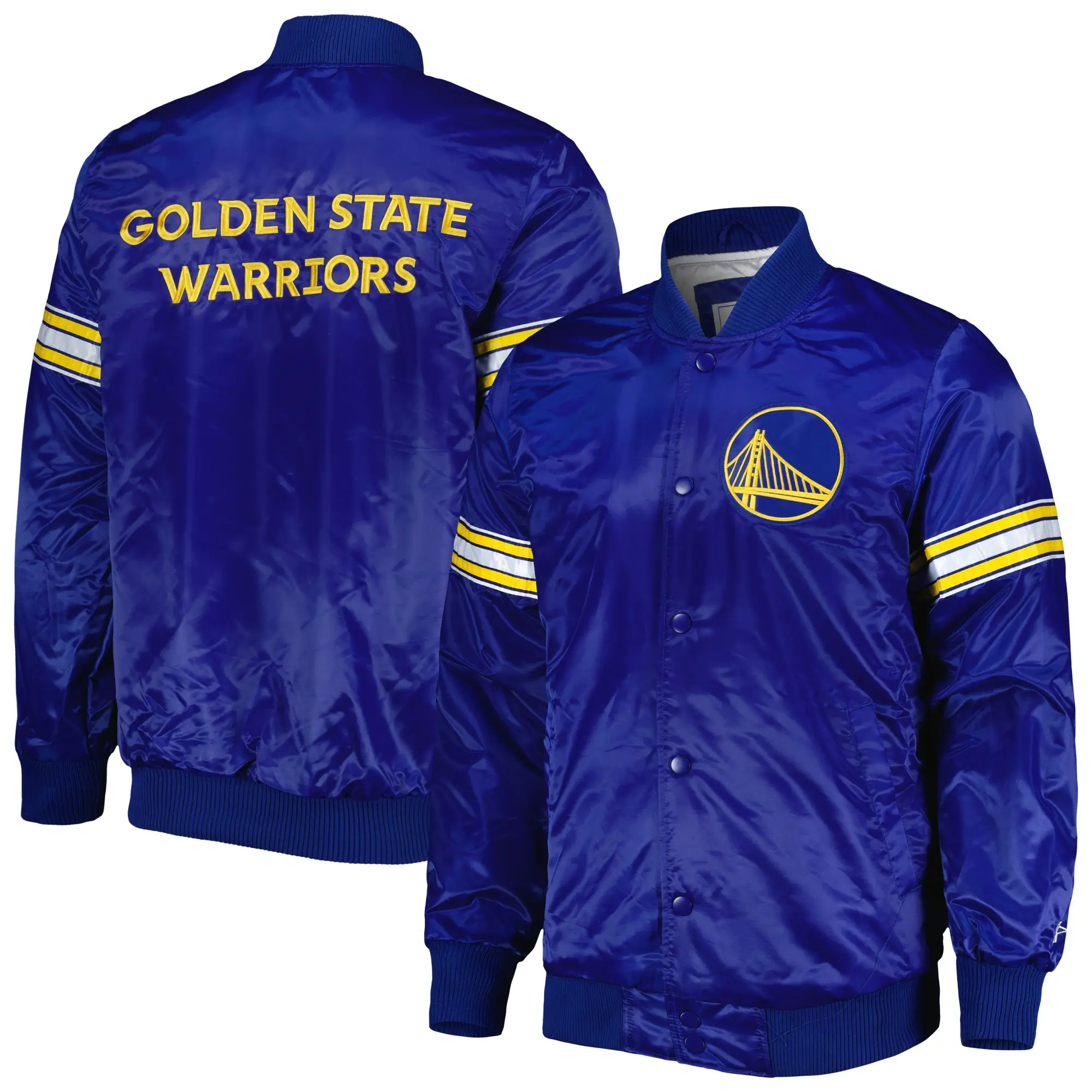 Golden State Warriors Starter Pick & Roll Full-Snap Satin Royal Blue Varsity Jacket LeatherMoto (4)