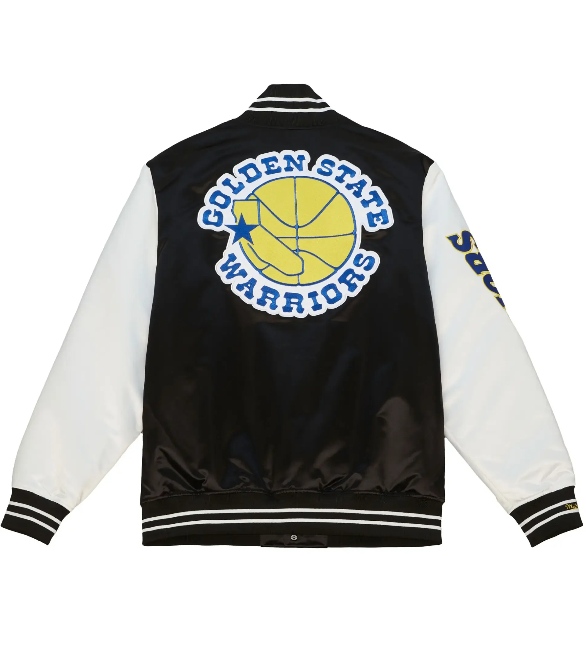 Golden-State-Warriors-Team-Origins-Full-Snap-Balck-White-Satin-Varsity-Jacket-LeatherMoto