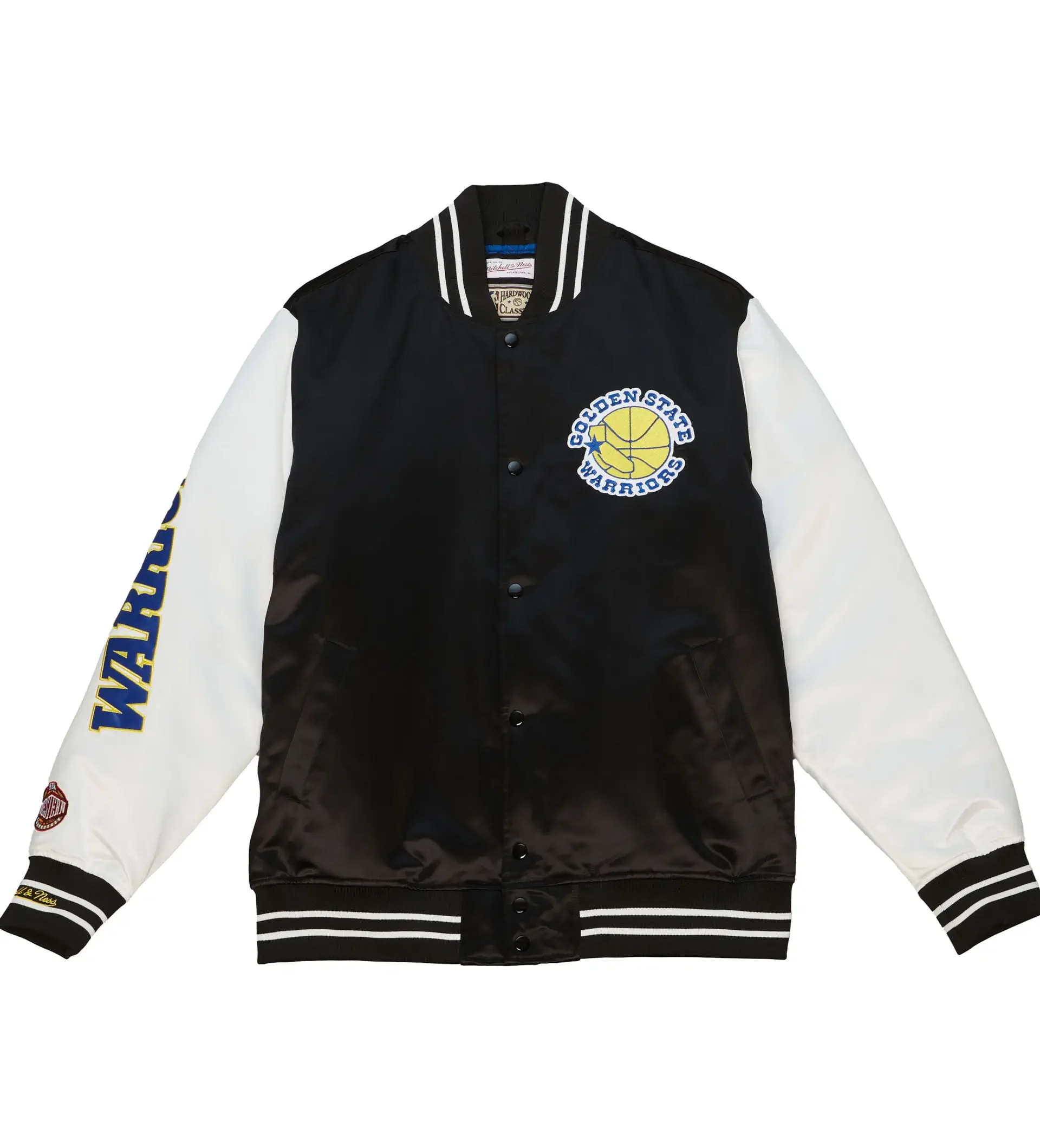 Golden-State-Warriors-Team-Origins-Full-Snap-Balck-White-Satin-Varsity-Jacket-LeatherMoto