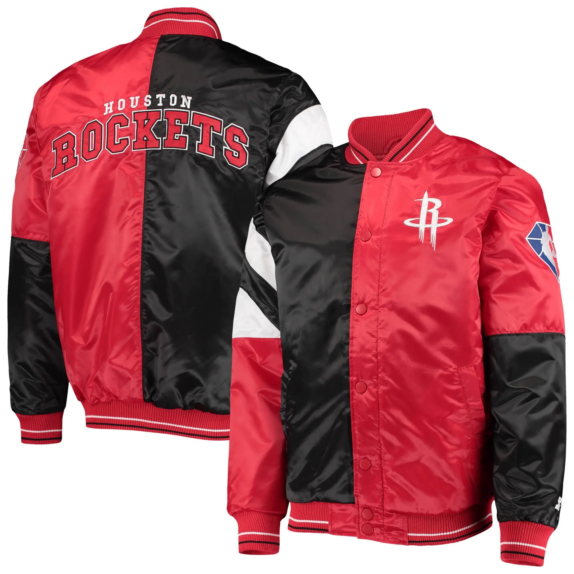 Houston Rockets Starter 75th Anniversary Leader Black Red Color Block Satin Varsity Jacket - Image 4