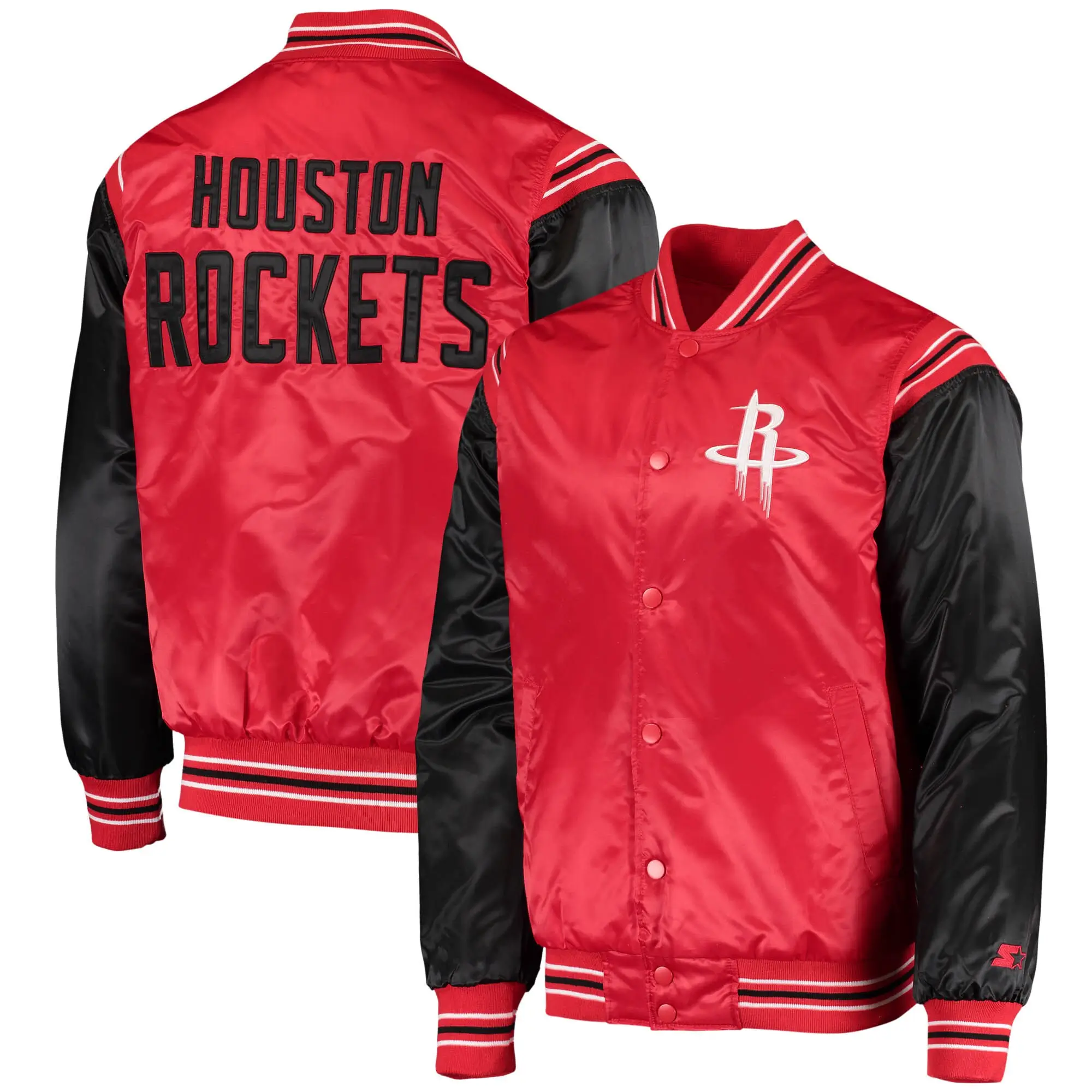Houston Rockets Starter The Enforcer Full Snap Red Black Satin Varsity Jacket - Image 4