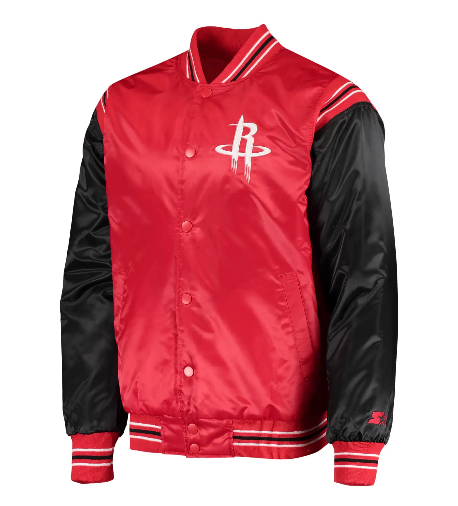 Houston-Rockets-Starter-The-Enforcer-Full-Snap-Red-Black-Satin-Varsity-Jacket-LeatherMoto