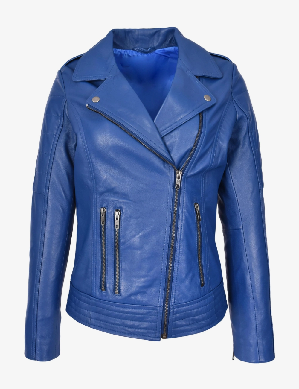 Indigo Rider Women's Blue Leather Cross-Zip Biker Jacket (1)