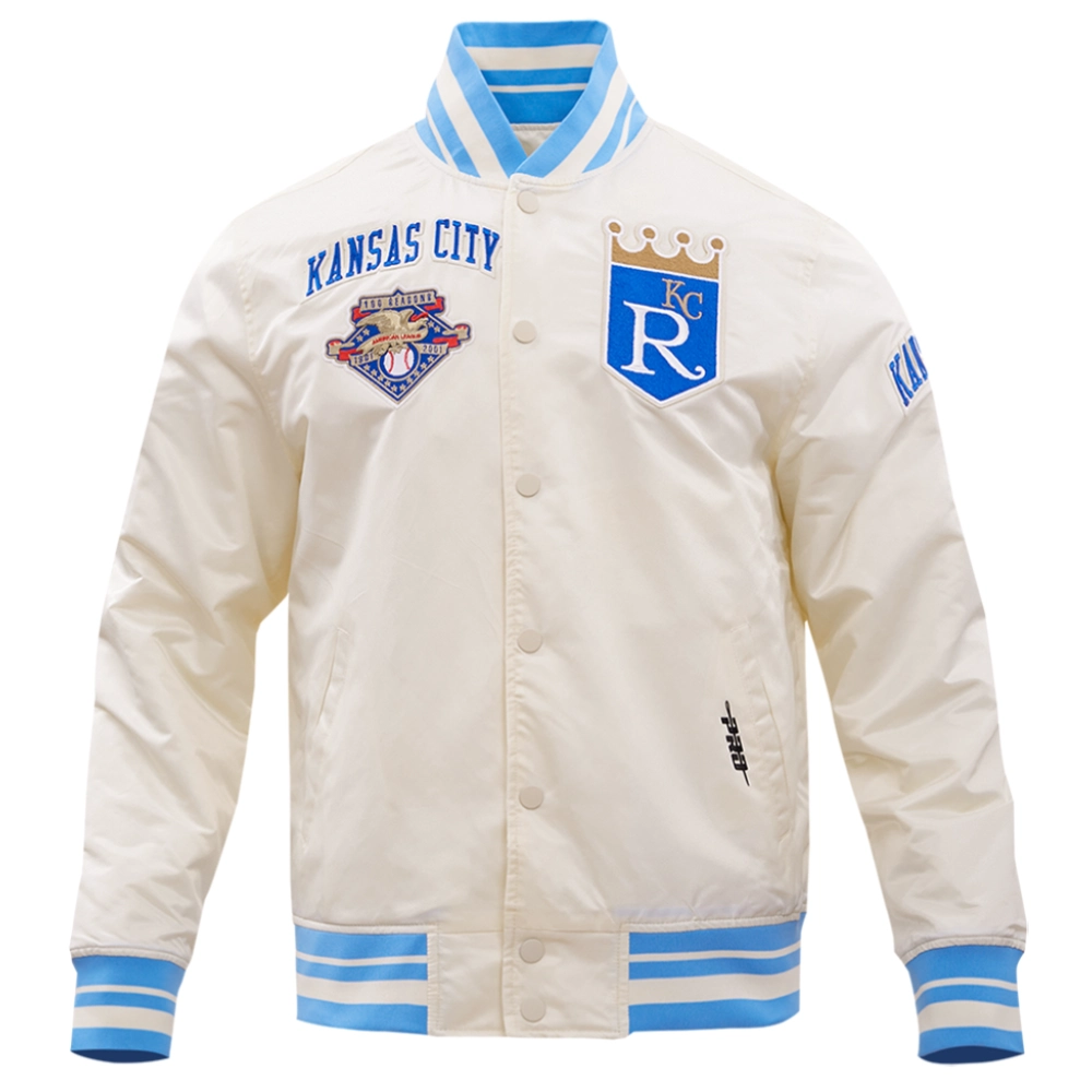 Kansas-City-Royals-Pro-Standard-Full-Snap-Satin-Varsity-Cream-Jacket-LEATHER MOTO 1