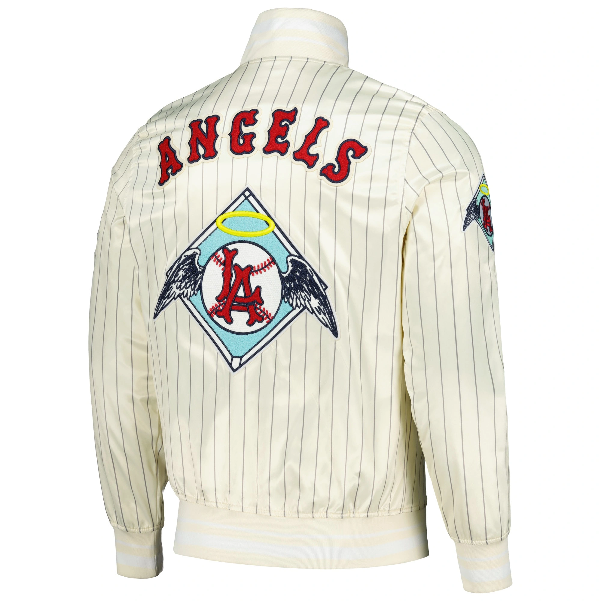 Los-Angeles-Angels-Pro-Standard-Cooperstown-Pinstripe-Full-Snap-Satin-Varsity-Jacket-leather moto 2