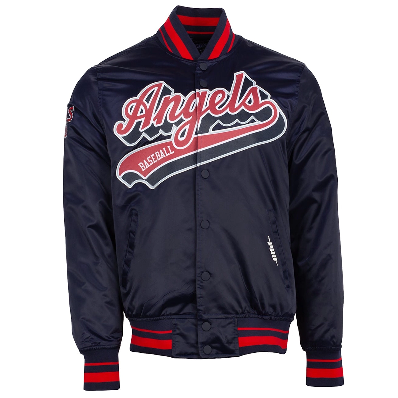 Los-Angeles-Angels-Pro-Standard-Script-Tail-Full-Snap-Satin-Varsity-Navy-Jacket-leather moto 1