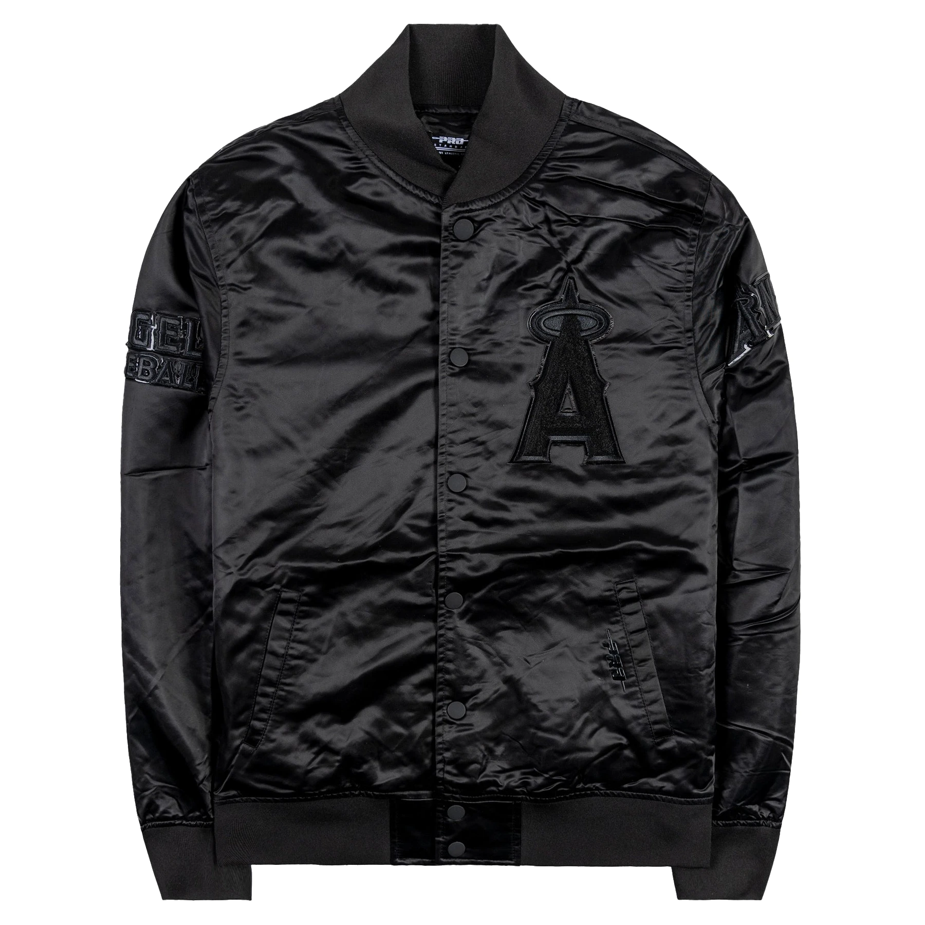 Los-Angeles-Angels-Pro-Standard-Triple-Black-Full-Snap-Satin-Varsity-Jacket-leather moto 1