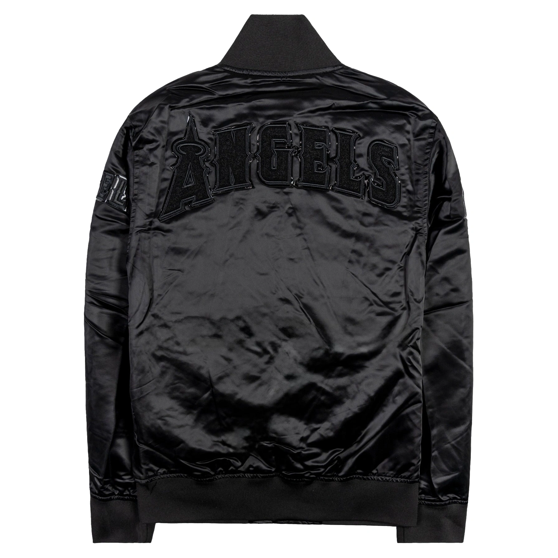 Los-Angeles-Angels-Pro-Standard-Triple-Black-Full-Snap-Satin-Varsity-Jacket-leather moto 2