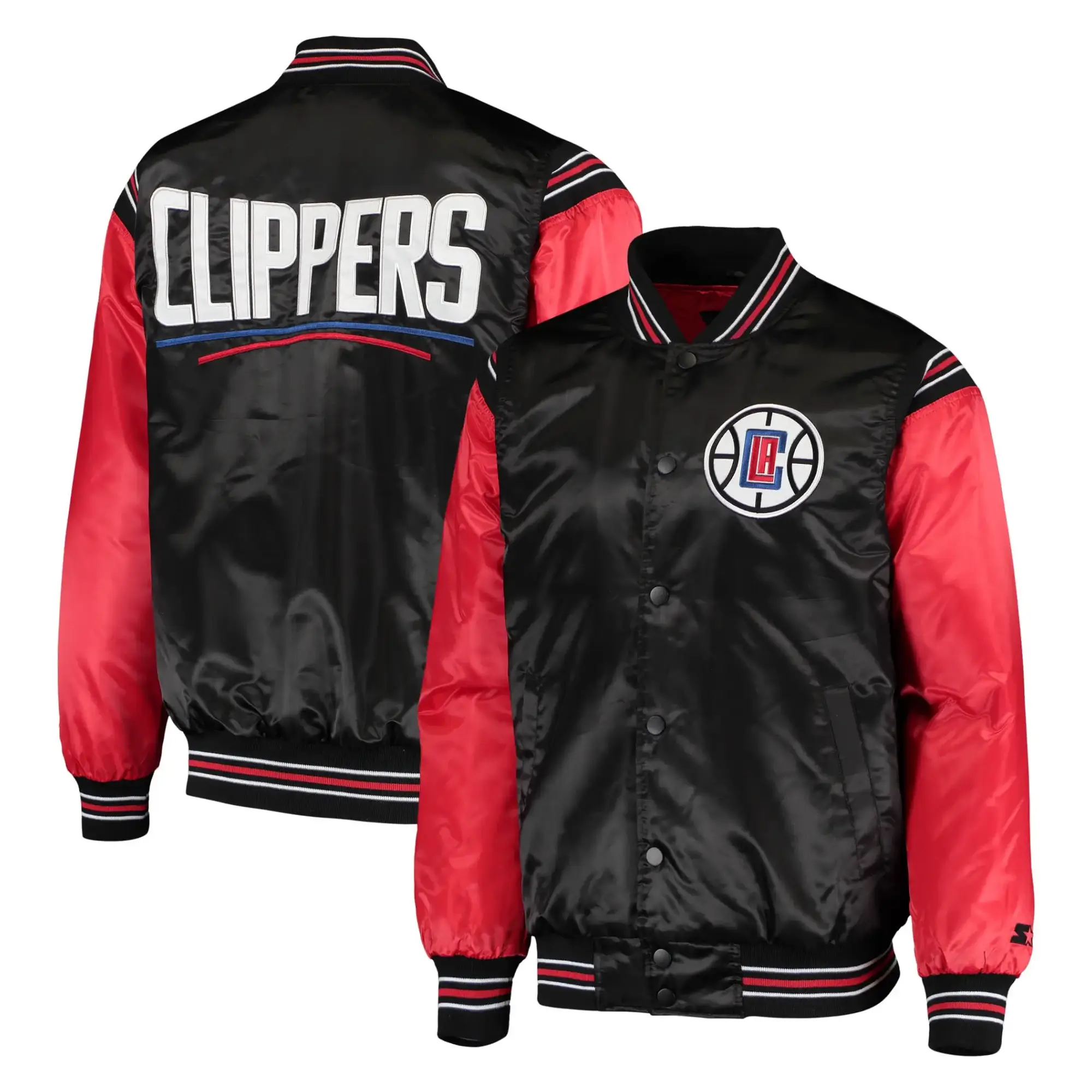 Los-Angeles-Clippers-Starter-The-Enforcer-Full-Snap-Black-Red-Satin-Varsity-Jacket-4