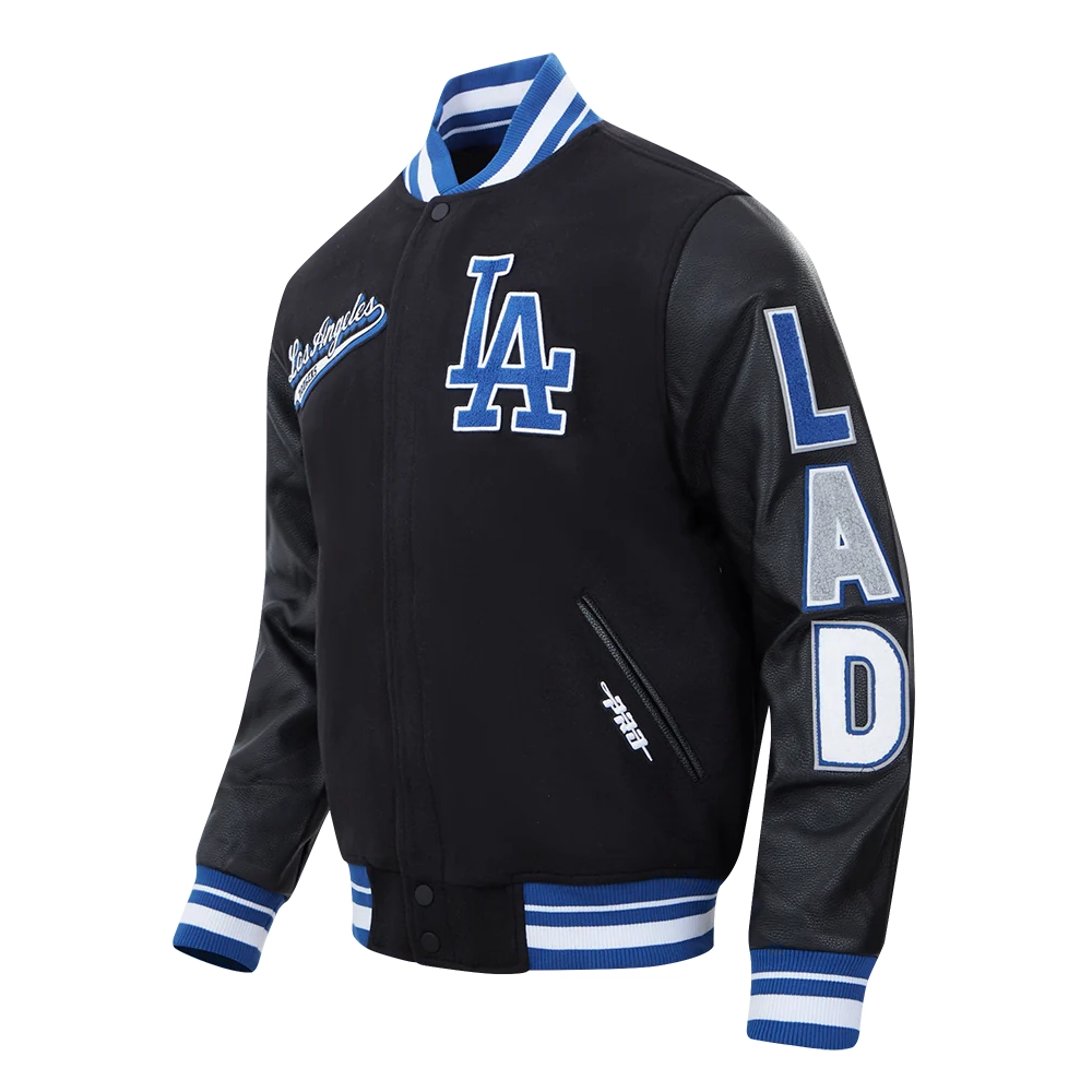 Los-Angeles-Dodgers-Script-Tail-Black-Wool-And-Leather-Varsity-Jacket-leathe moto 1