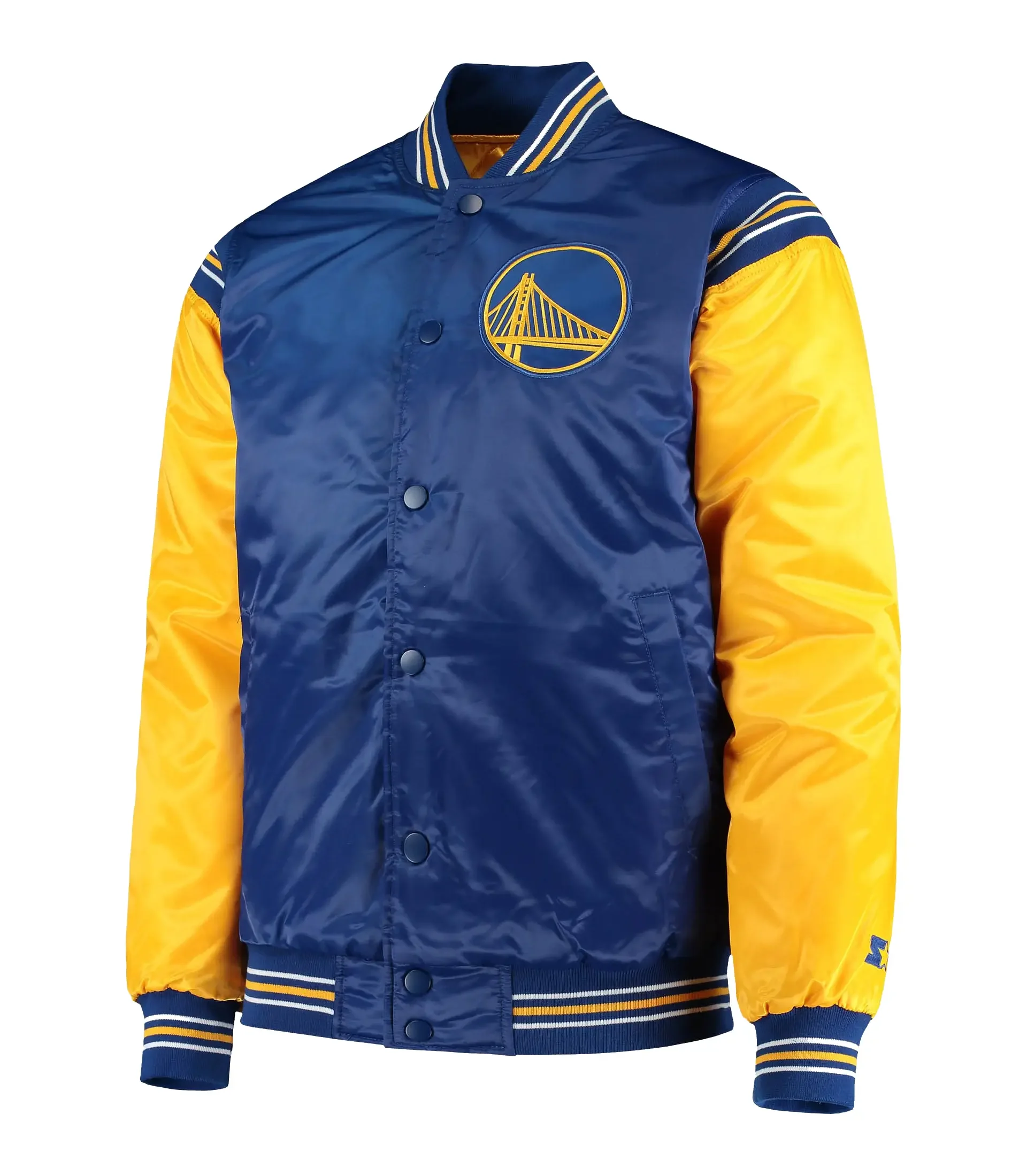 Men's Golden State Warriors Starter Yellow The Enforcer Varsity Satin Full Snap Jacket-LeatherMoto
