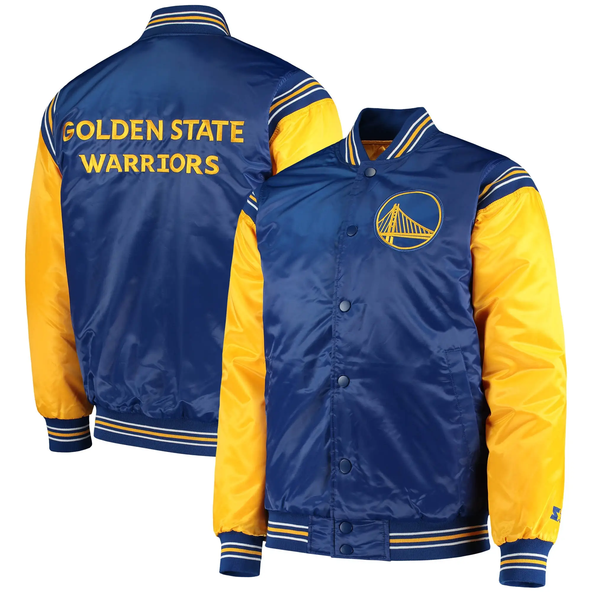 Men's Golden State Warriors Starter Yellow The Enforcer Varsity Satin Full Snap Jacket-LeatherMoto